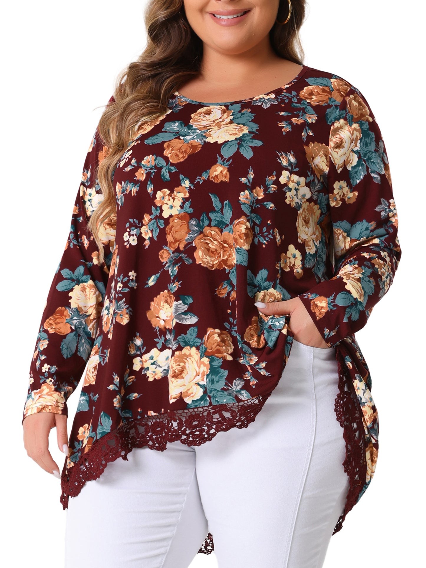 Women Plus Size Tops Crew Neck Lace Trim A-Line High Low Hem Floral Blouse Tunic Top