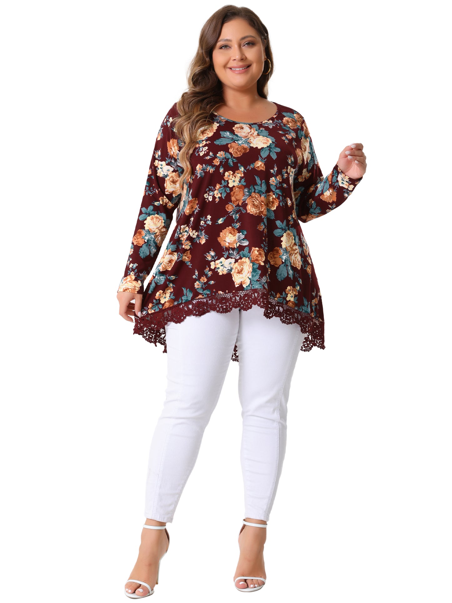 Women Plus Size Tops Crew Neck Lace Trim A-Line High Low Hem Floral Blouse Tunic Top