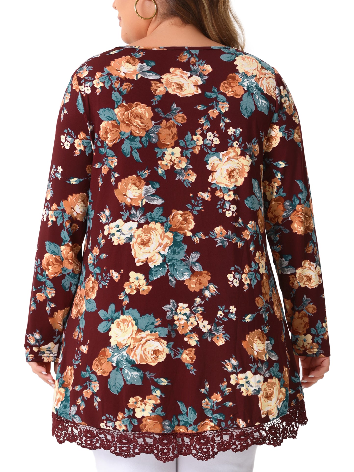 Women Plus Size Tops Crew Neck Lace Trim A-Line High Low Hem Floral Blouse Tunic Top