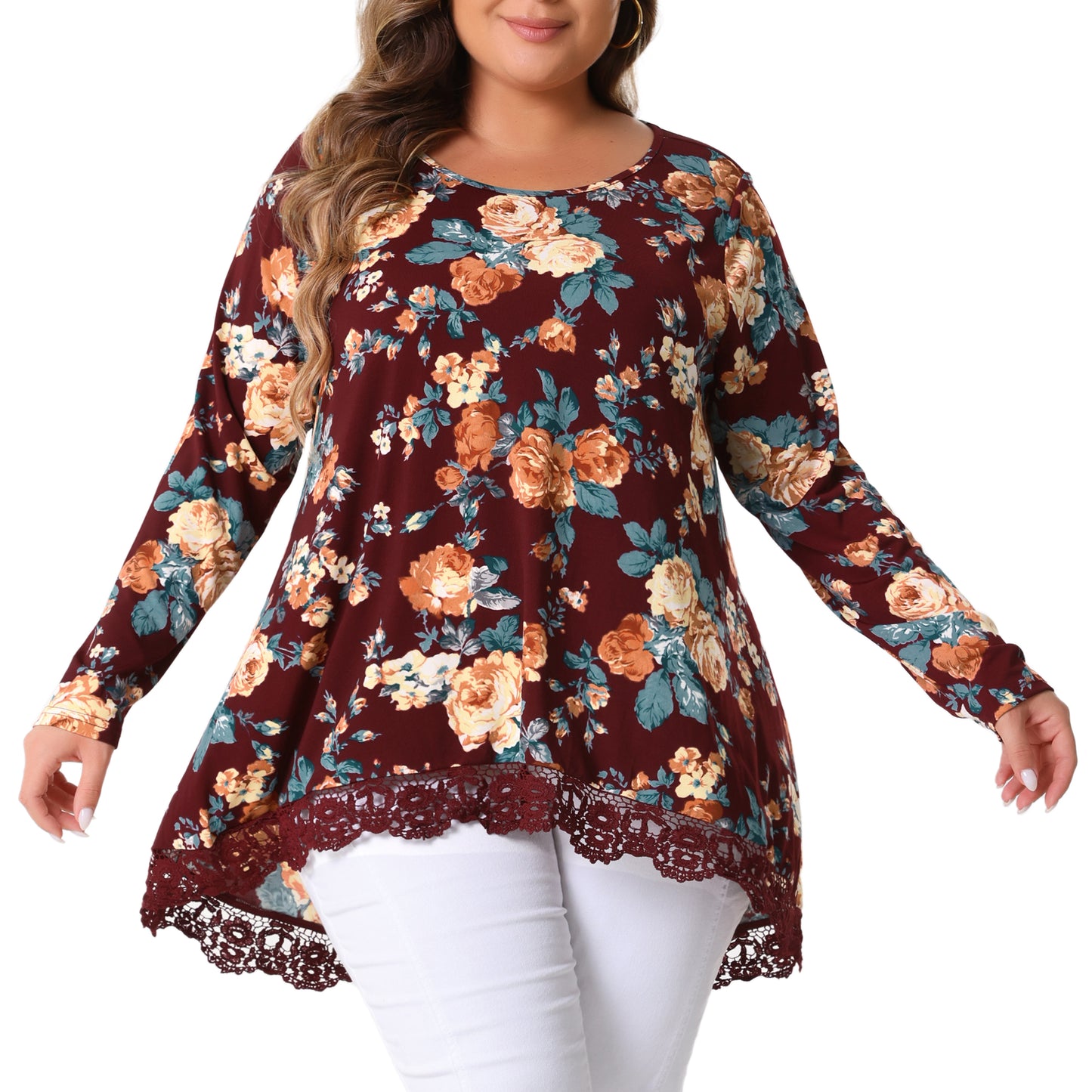 Women Plus Size Tops Crew Neck Lace Trim A-Line High Low Hem Floral Blouse Tunic Top