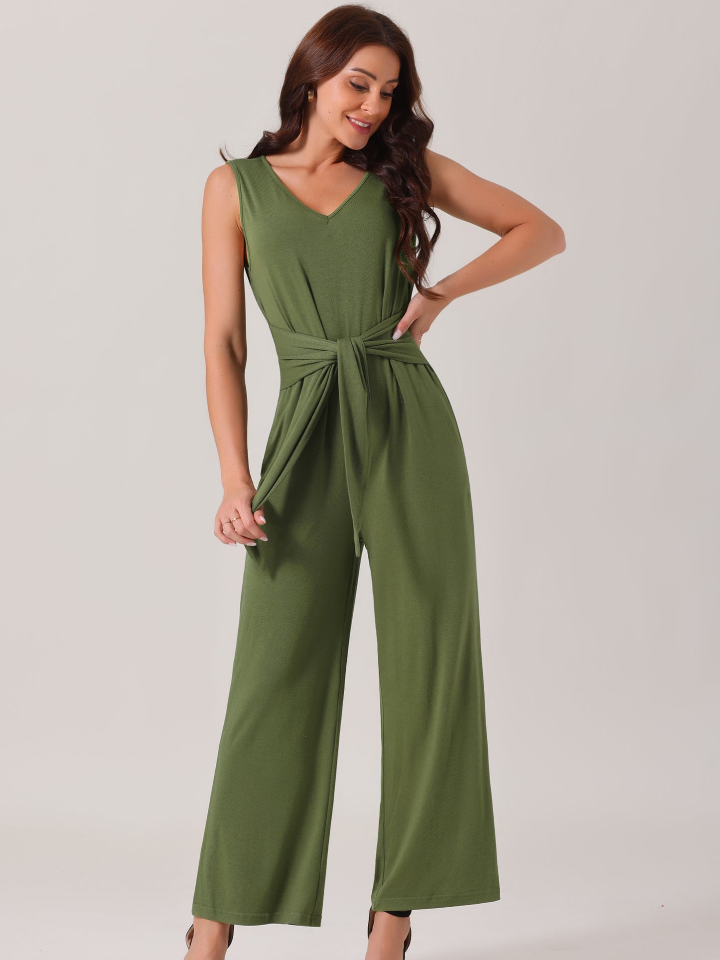 Women's V Neck Sleeveless Jumpsuits Belted High Waist Stretchy Wide Leg Casual Jumpsuit with Pockets