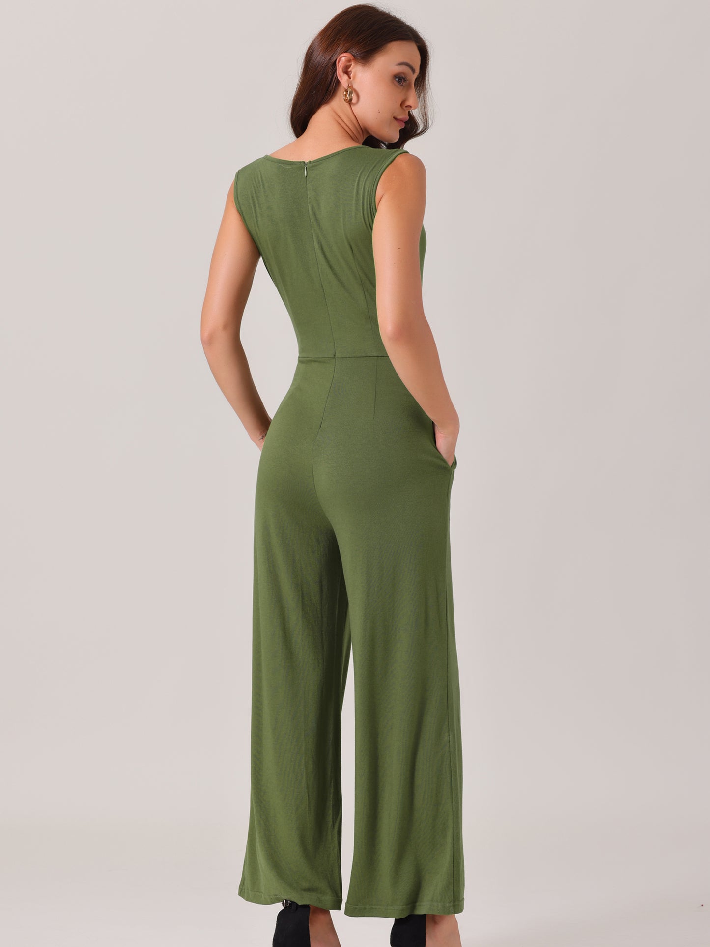 Women's V Neck Sleeveless Jumpsuits Belted High Waist Stretchy Wide Leg Casual Jumpsuit with Pockets