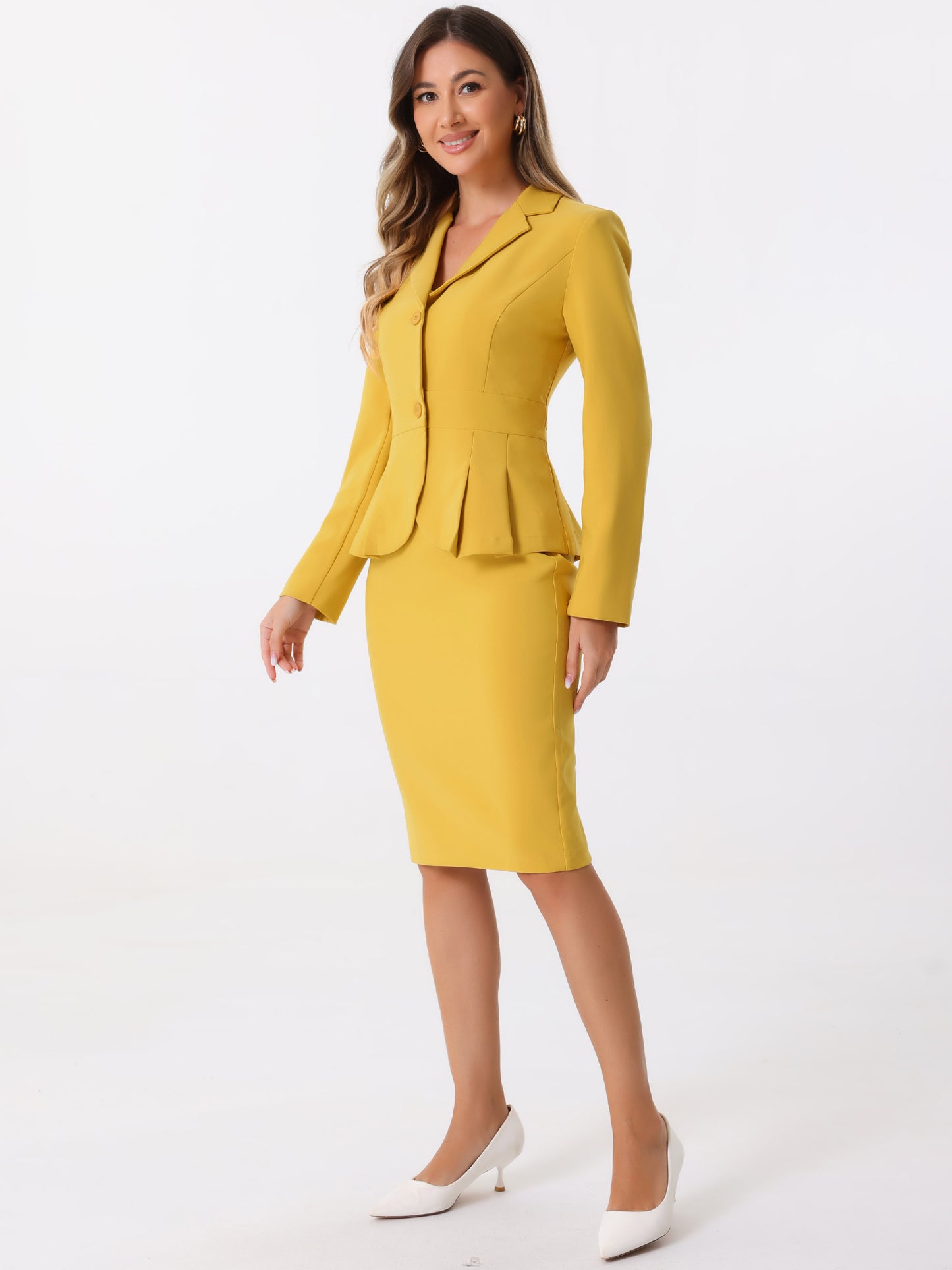 Women's 2 Piece Skirt Suit Set Formal Notched Lapel Peplum Blazer Pencil Skirt (Available in Plus Size)