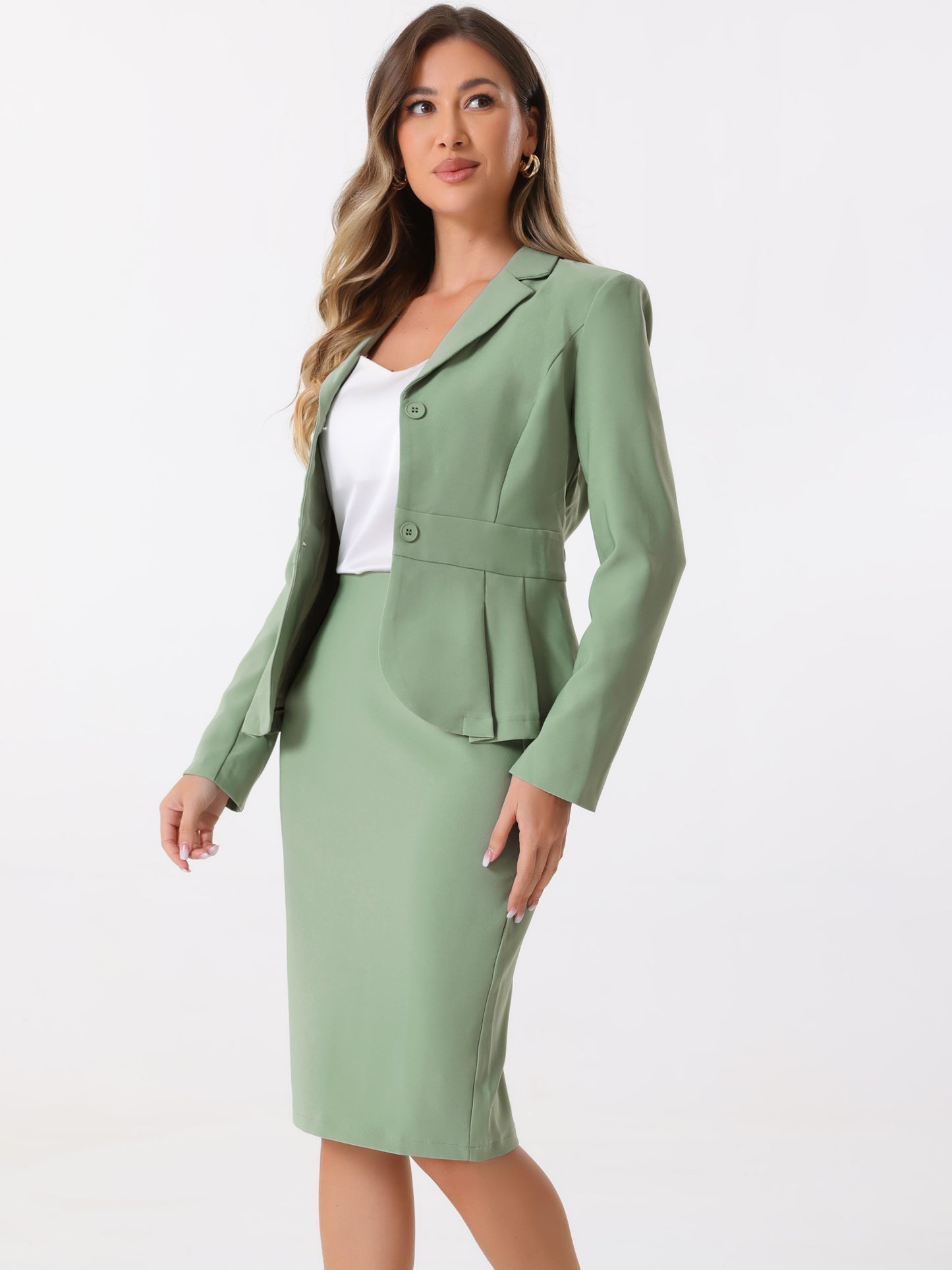 Women's 2 Piece Skirt Suit Set Formal Notched Lapel Peplum Blazer Pencil Skirt