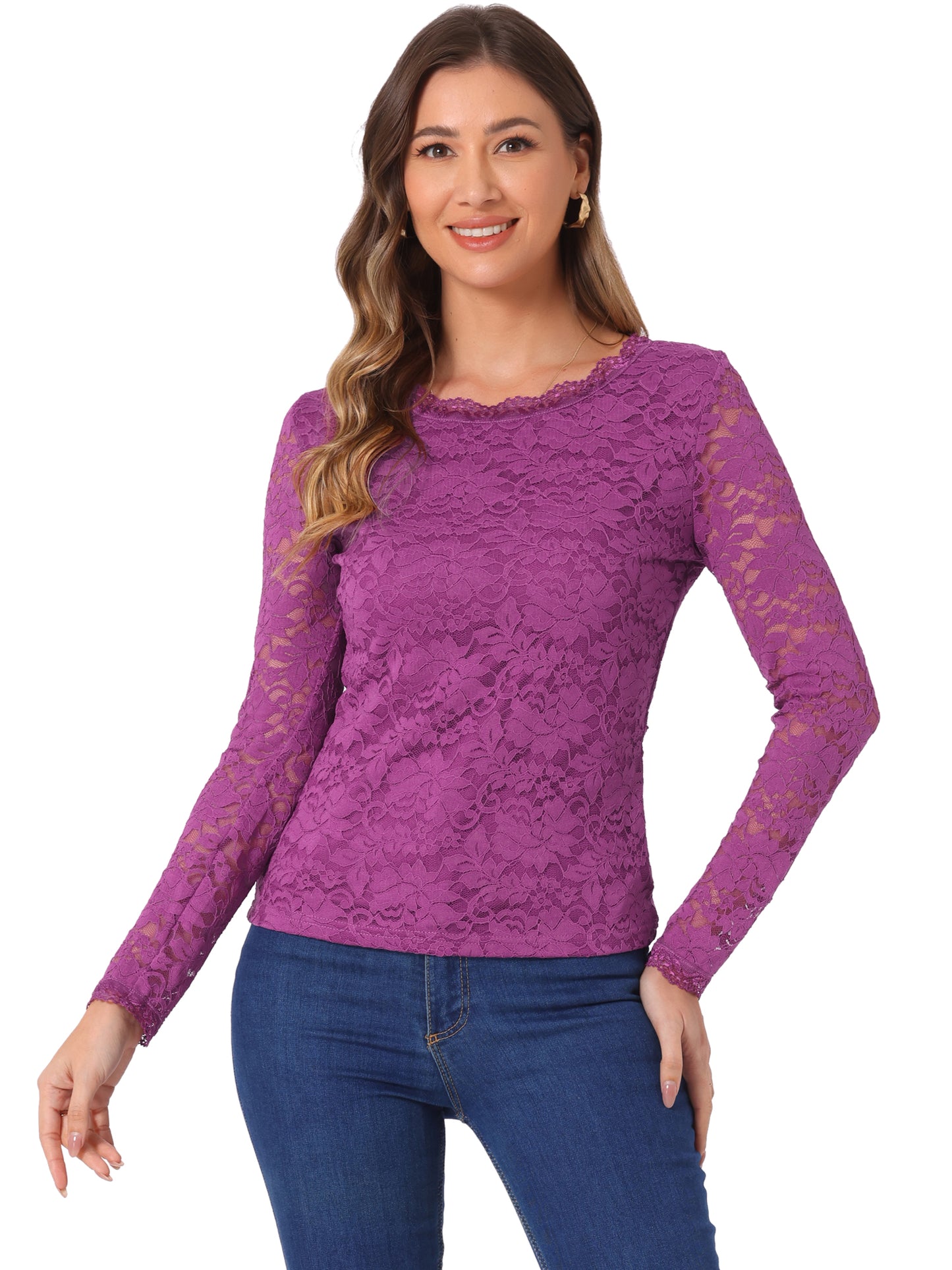 Women's Lace Sheer Dressy Casual Floral Lace Long Sleeve Top