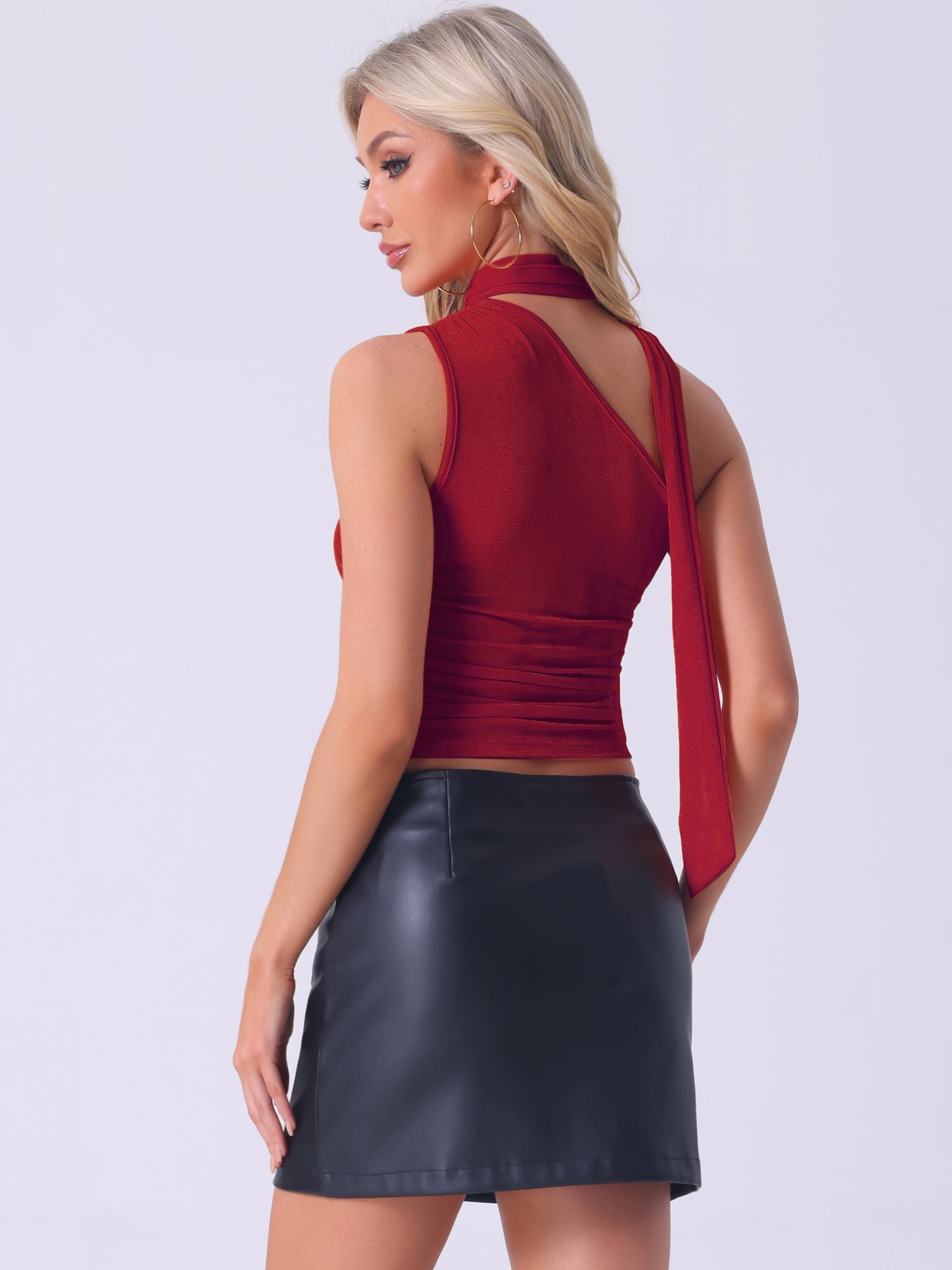 Women's One Shoulder Sleeveless Ruched Summer Crop Tank Top