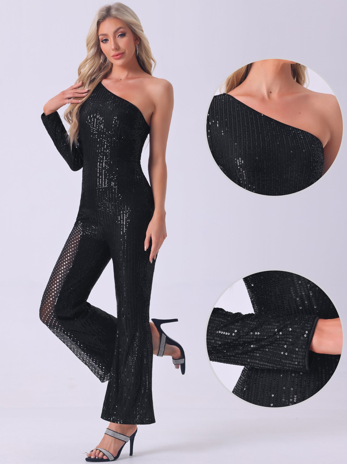 Women's Sequin Jumpsuit One Shoulder See Through Wide Legs Party Romper