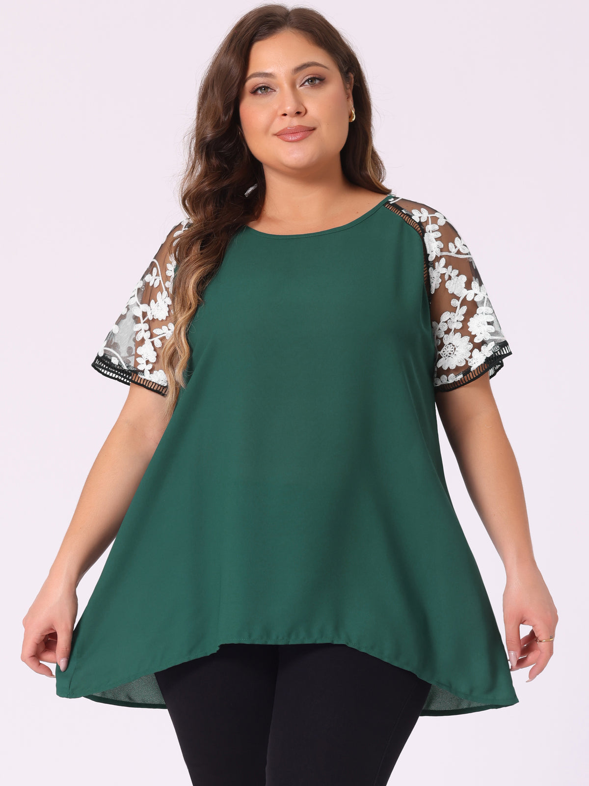 Women's Plus Size Sheer Tops Mesh Panel Crochet Raglan Sleeves Blouse