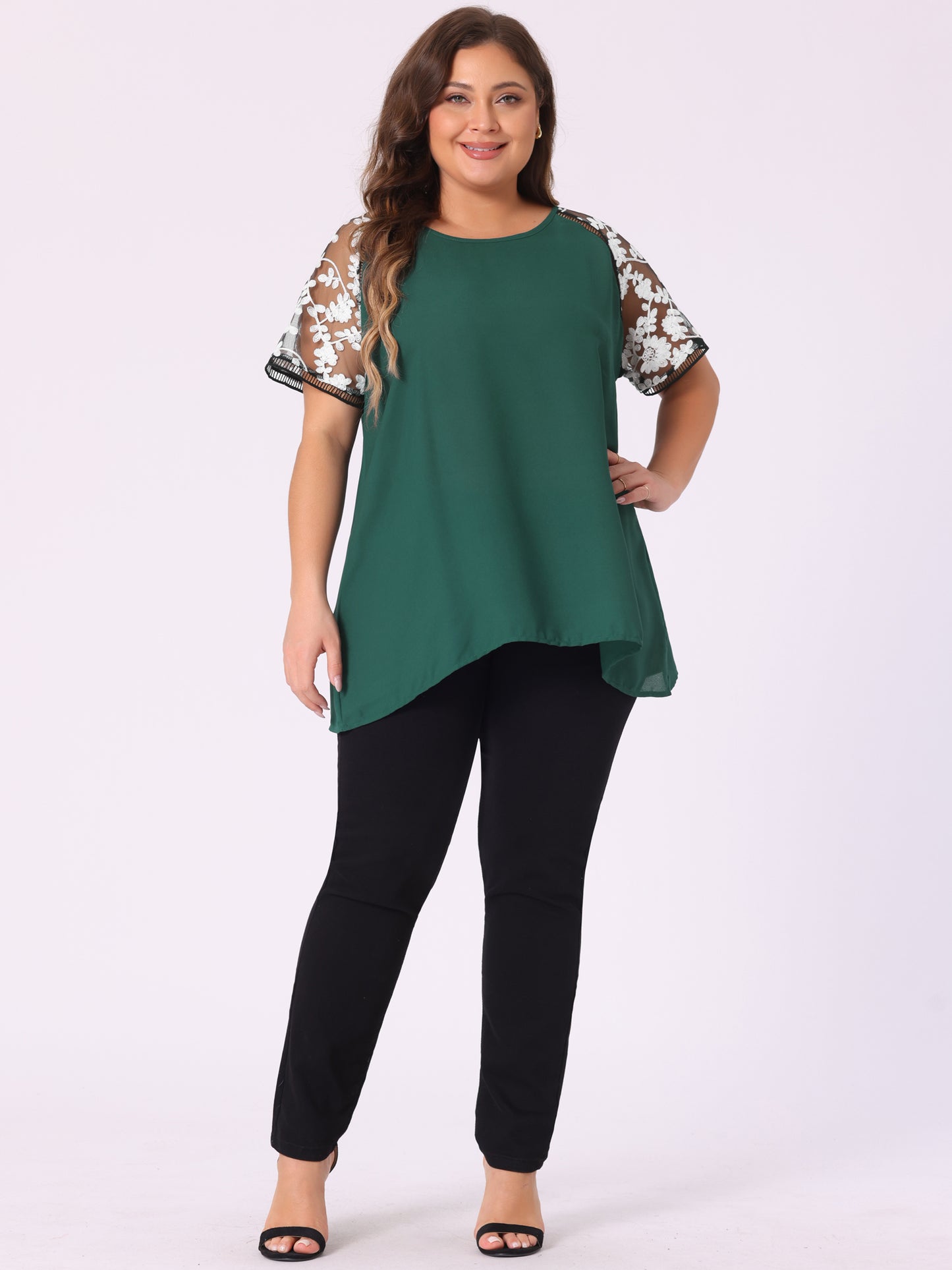Women's Plus Size Sheer Tops Mesh Panel Crochet Raglan Sleeves Blouse