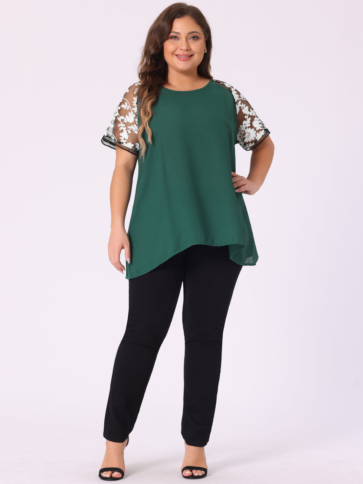 Women's Plus Size Sheer Tops Mesh Panel Crochet Raglan Sleeves Blouse