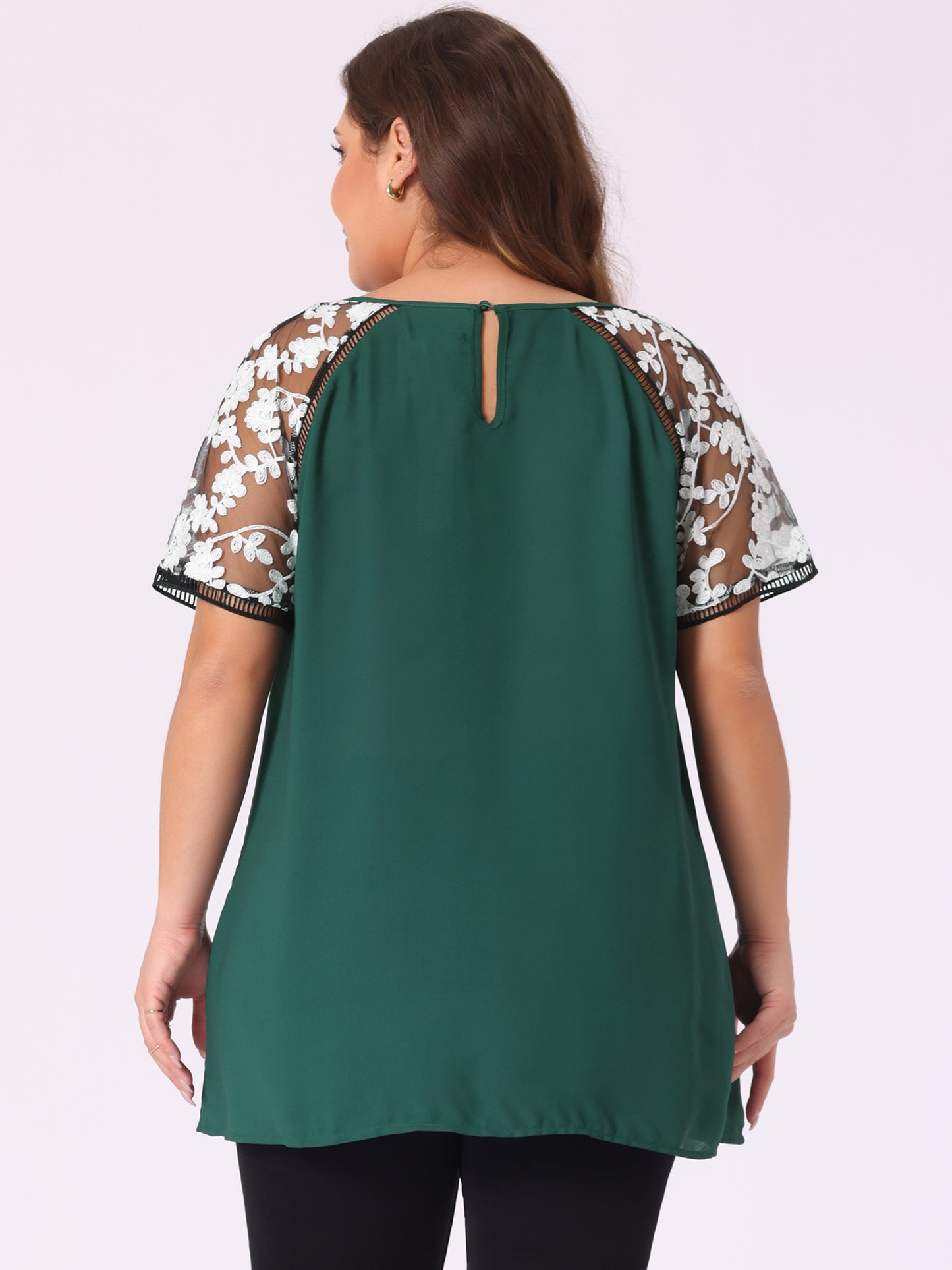 Women's Plus Size Sheer Tops Mesh Panel Crochet Raglan Sleeves Blouse