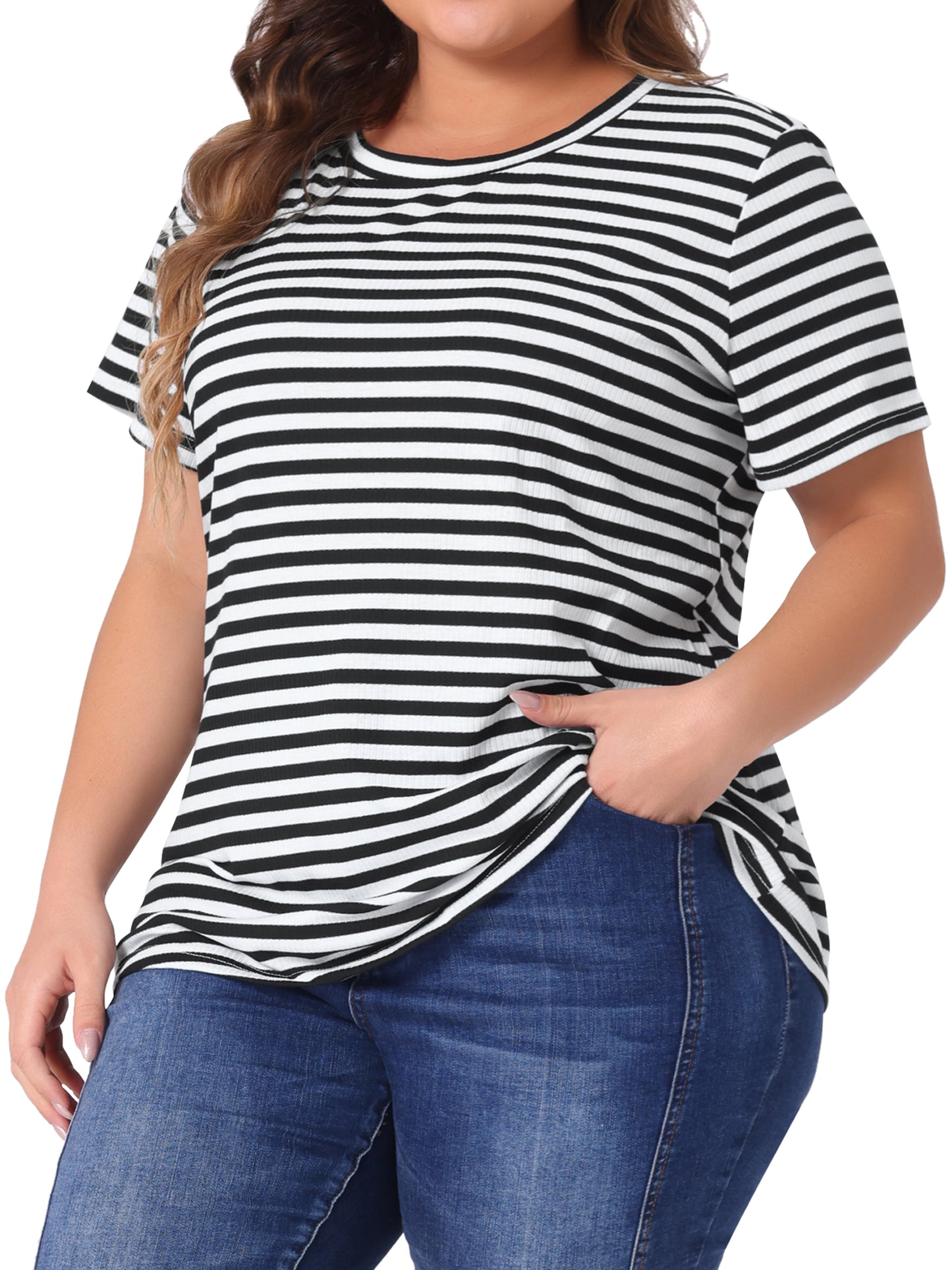 Women Plus Size Stripe T Shirt Short Sleeve Crew Neck Rainbow Striped Top