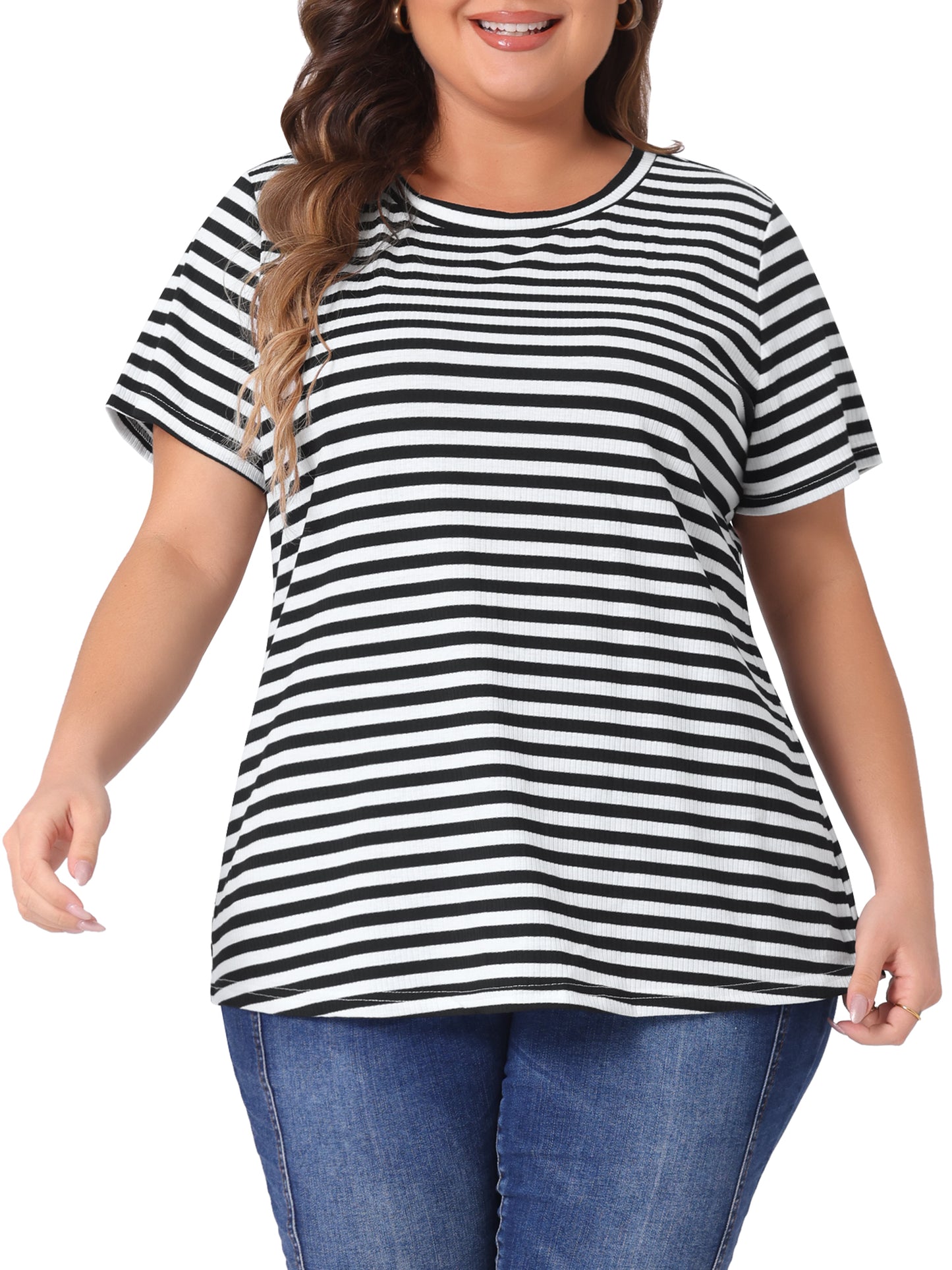 Women Plus Size Stripe T Shirt Short Sleeve Crew Neck Rainbow Striped Top