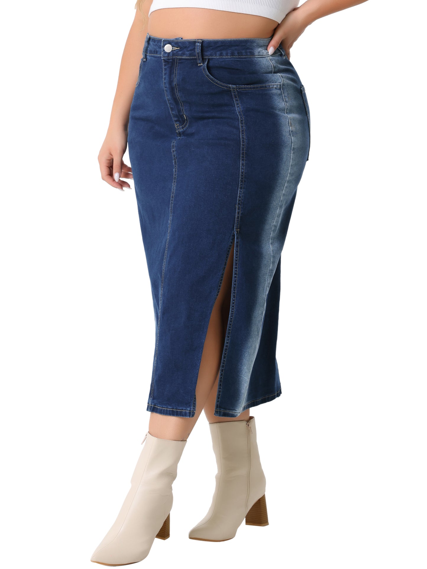Women Plus Size Denim Skirt High Waist Side Slit Button with Pocket Jean Denim Skirts