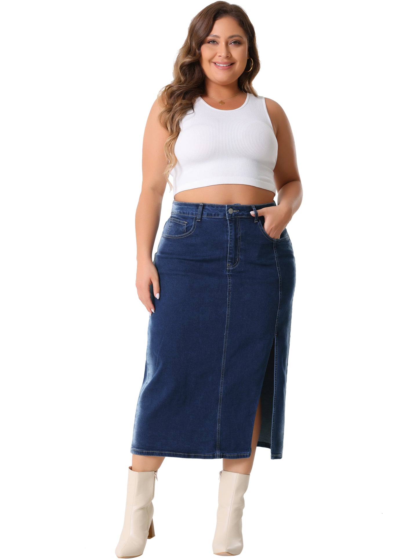 Women Plus Size Denim Skirt High Waist Side Slit Button with Pocket Jean Denim Skirts