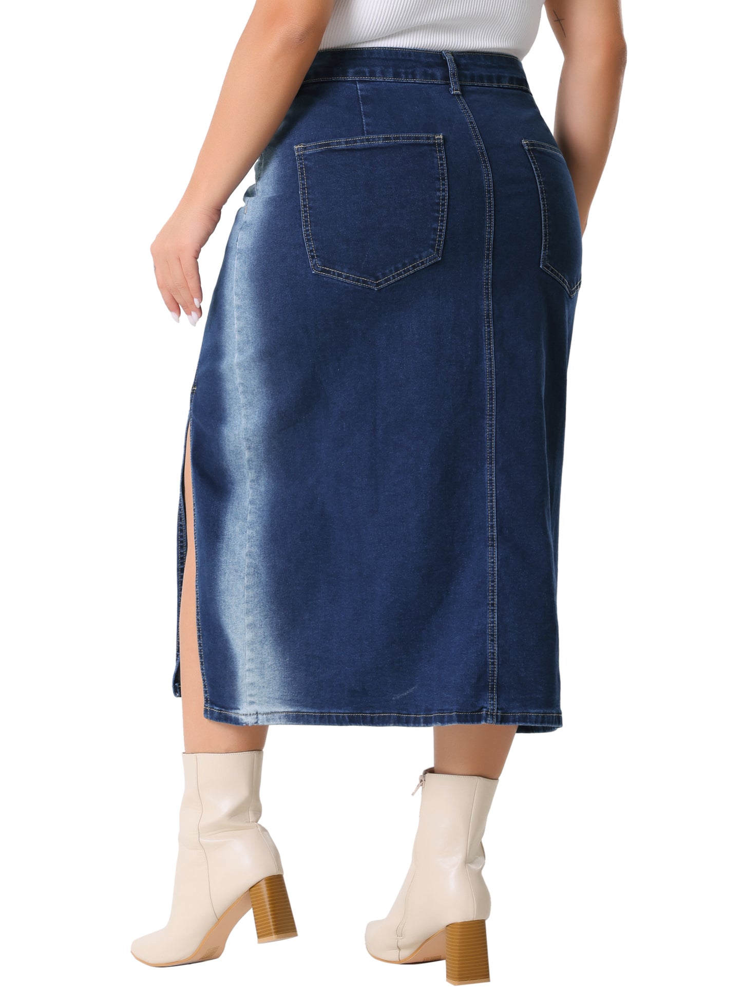 Women Plus Size Denim Skirt High Waist Side Slit Button with Pocket Jean Denim Skirts