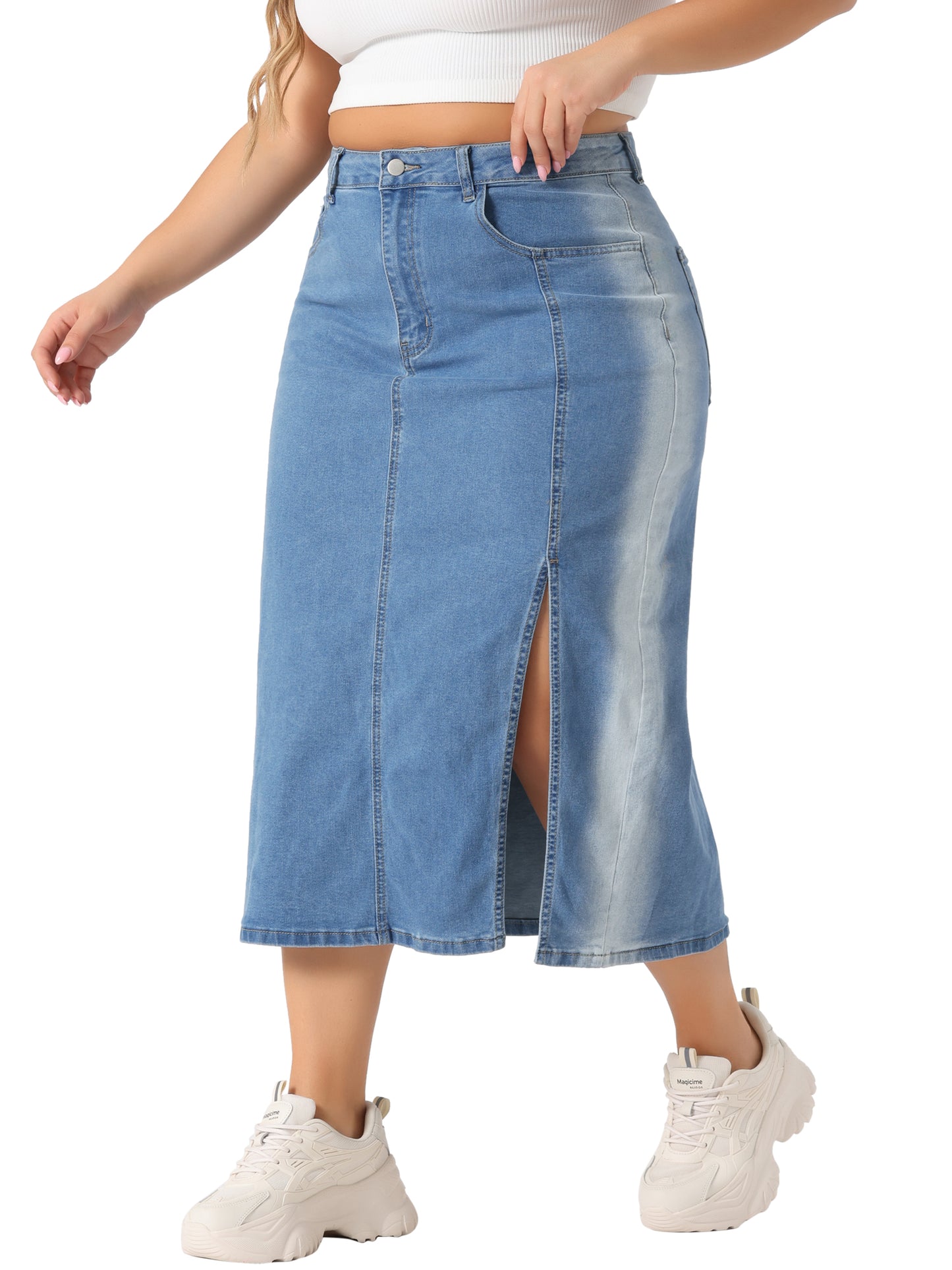 Falda vaquera de talla grande para mujer, cintura alta, abertura lateral, botones y bolsillo.
