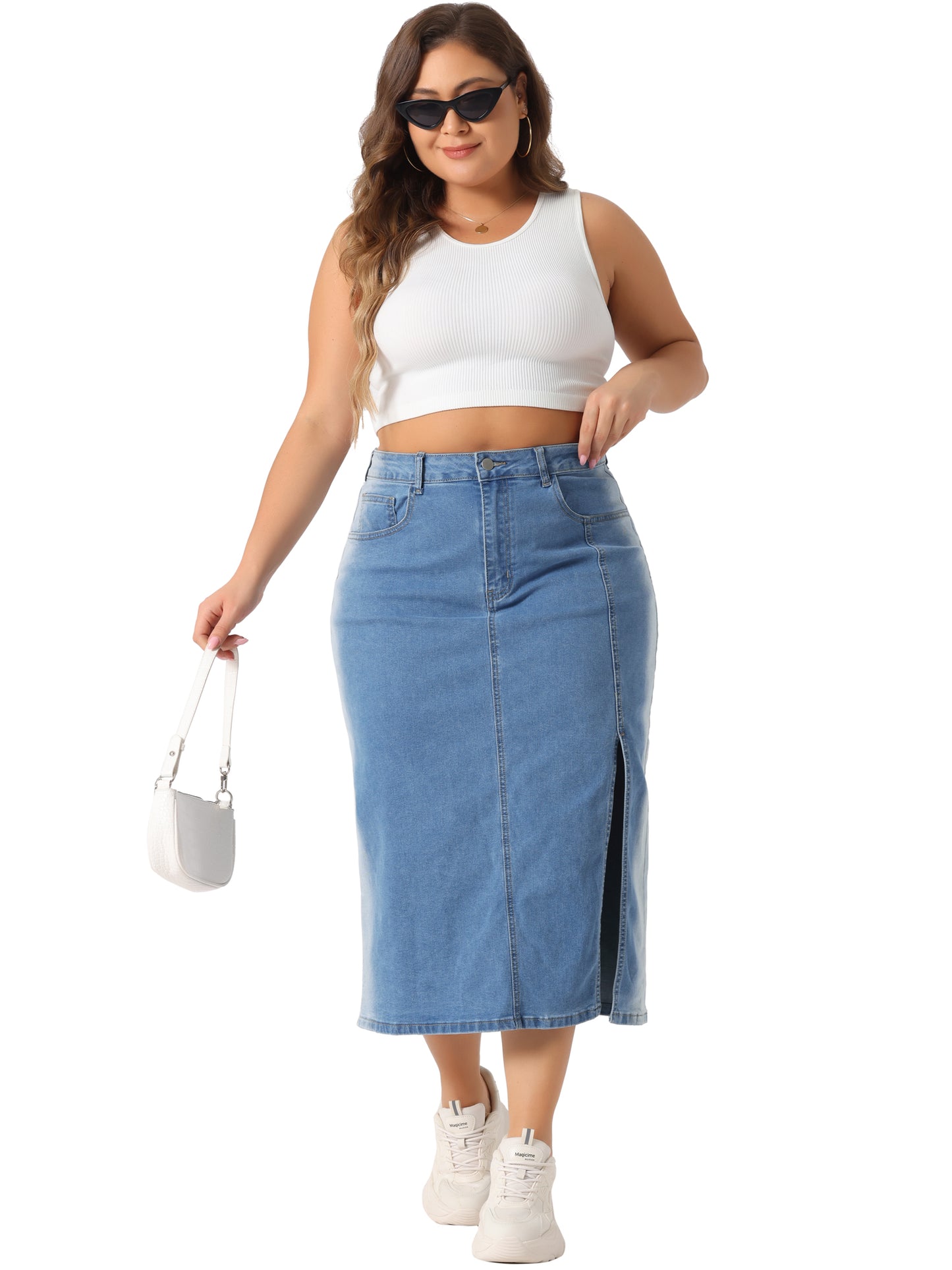 Falda vaquera de talla grande para mujer, cintura alta, abertura lateral, botones y bolsillo.