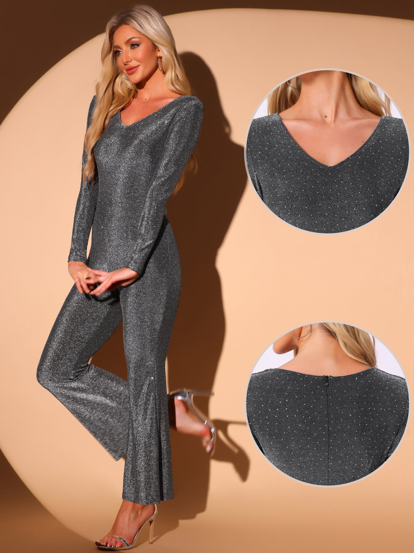Women's Glitter Jumpsuit Sparkly Wide Leg Sexy V Neck Club Party Jumpsuits