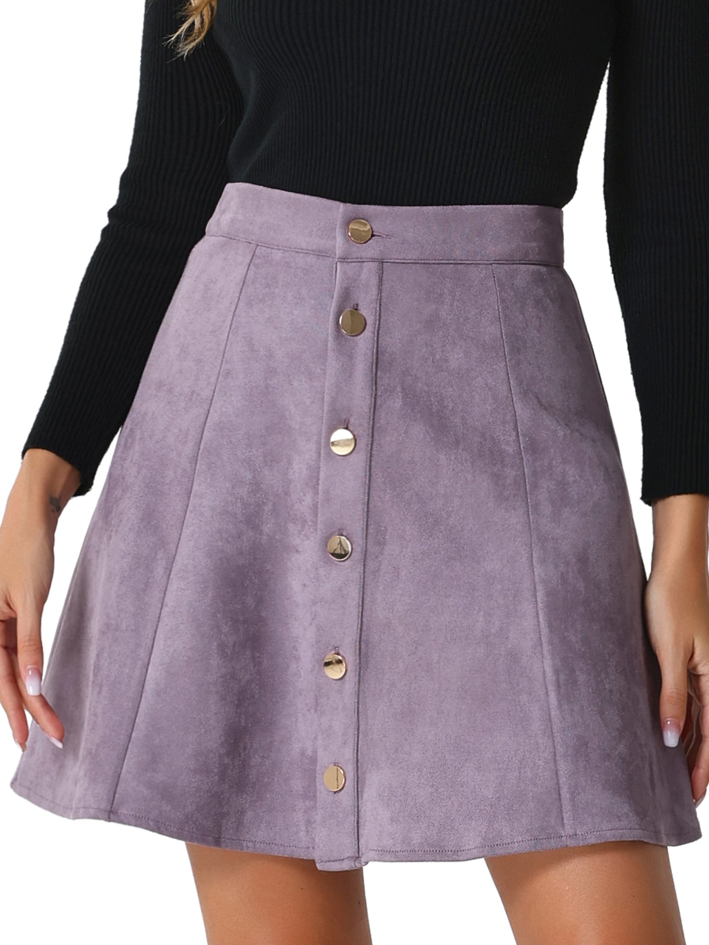 Women's Faux Suede Button A-Line High Waisted Flared Mini Short Skirt