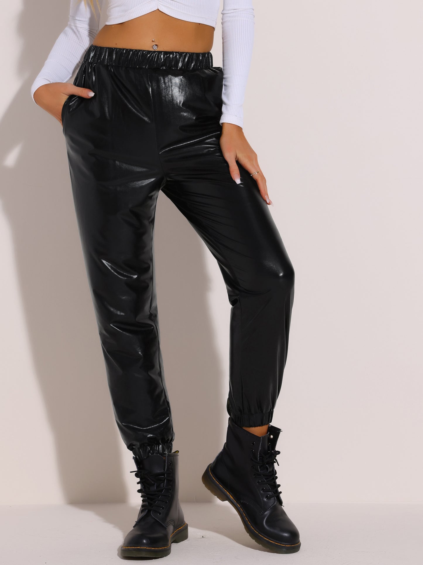 Women's Metallic Trousers Festive Shiny Sparkle Elastic Waist Holographic Pants