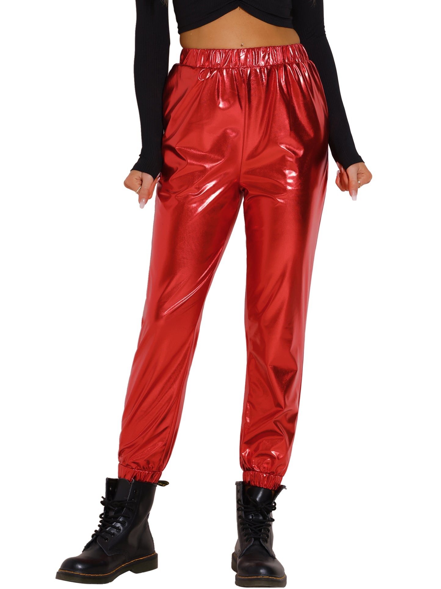 Women's Metallic Trousers Festive Shiny Sparkle Elastic Waist Holographic Pants