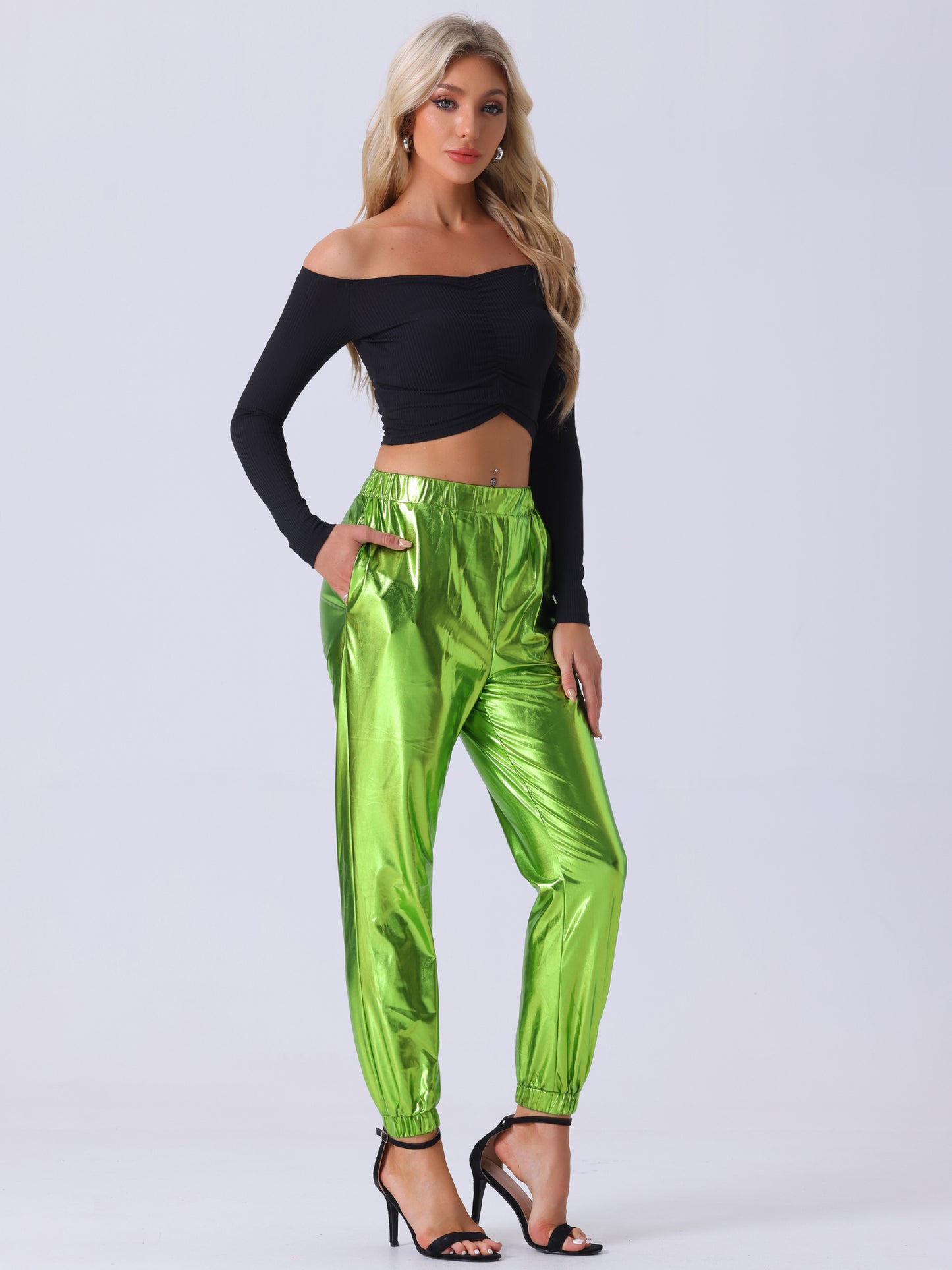 Women's Metallic Trousers Festive Shiny Sparkle Elastic Waist Holographic Pants