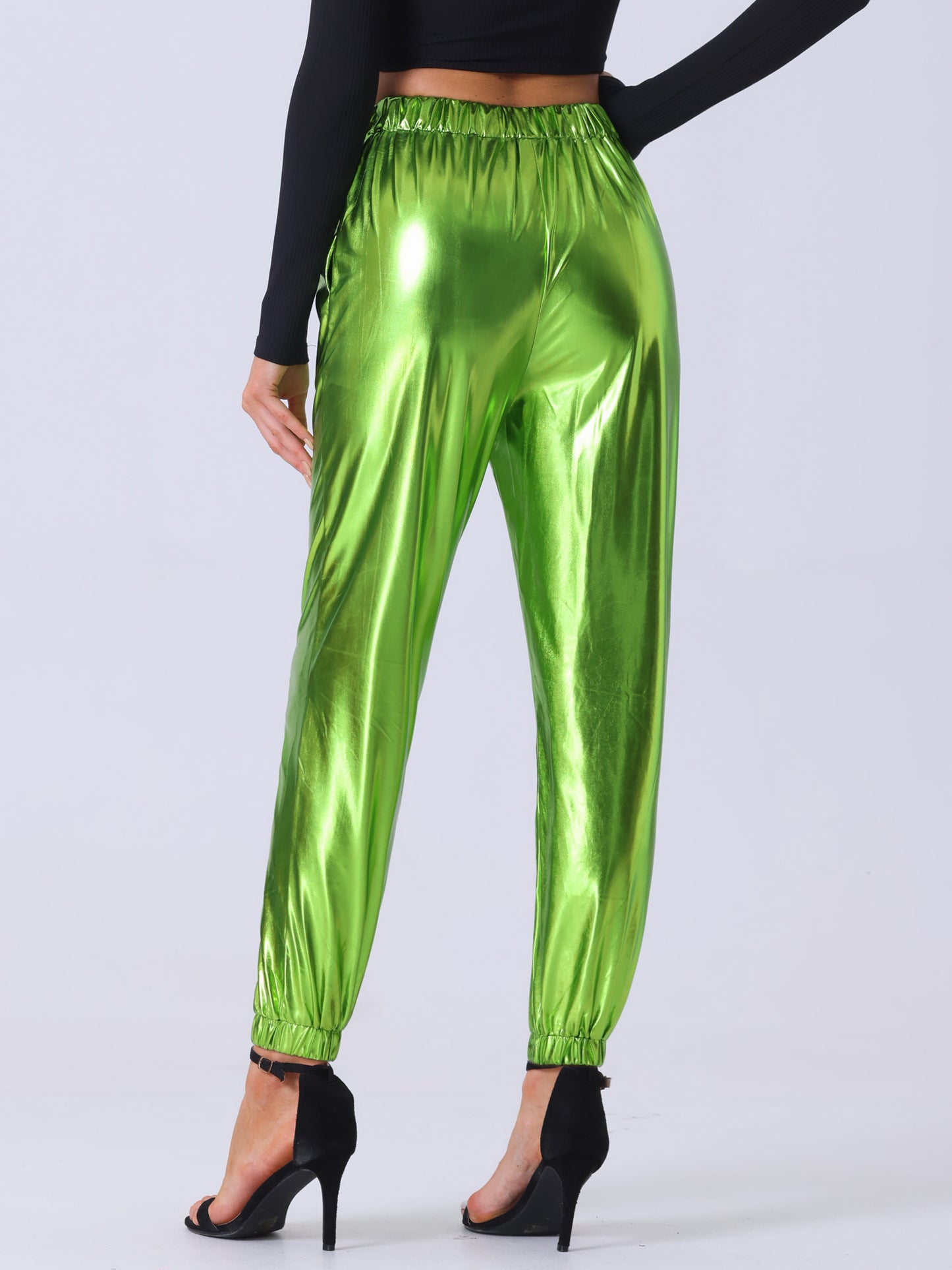 Women's Metallic Trousers Festive Shiny Sparkle Elastic Waist Holographic Pants