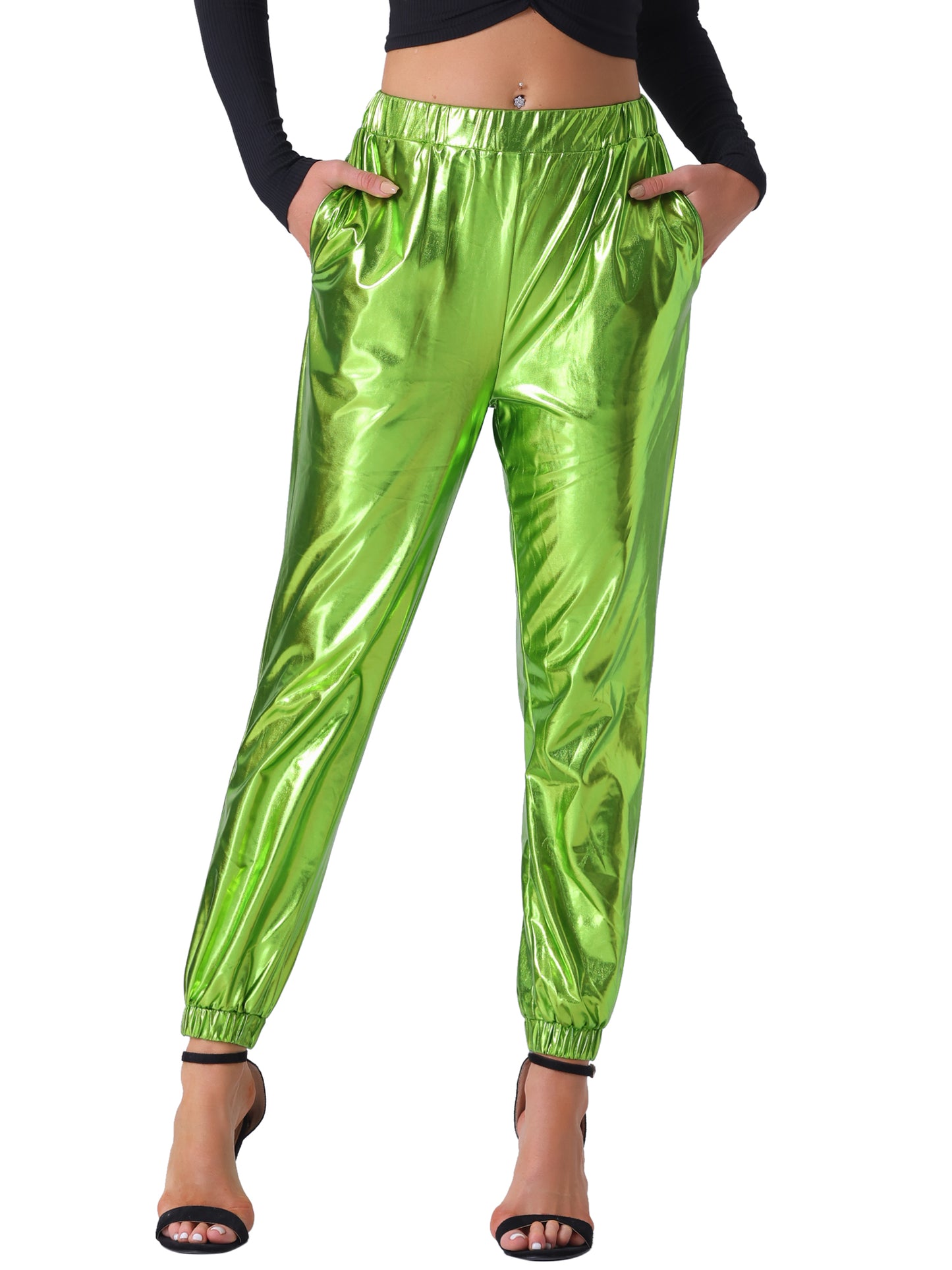 Women's Metallic Trousers Festive Shiny Sparkle Elastic Waist Holographic Pants