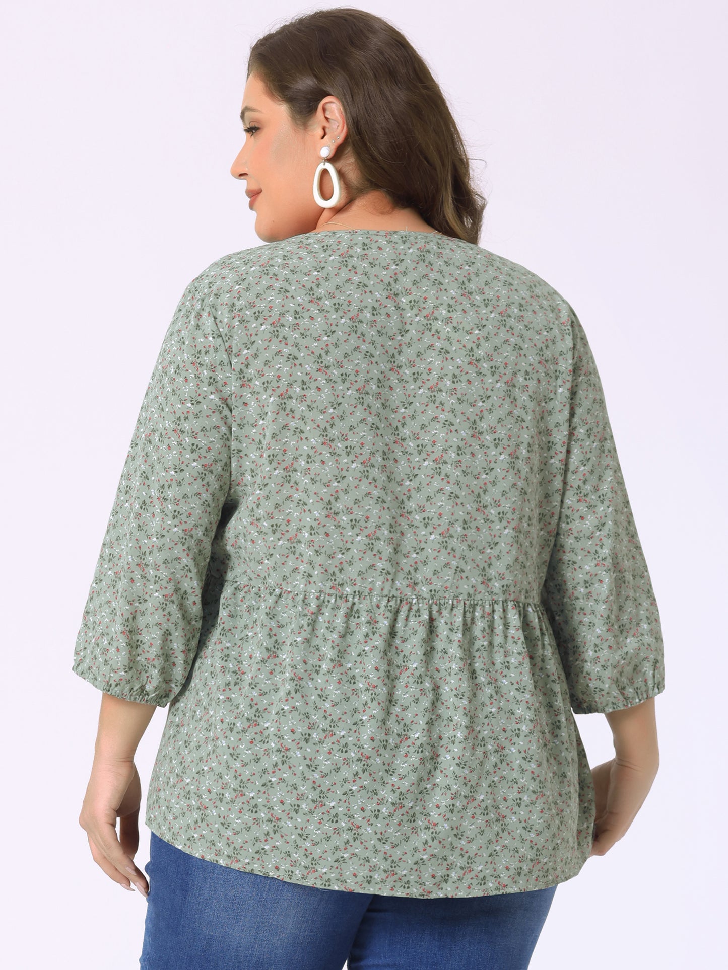 Women's Plus Size Top V Neck Babydoll Flowy 3/4 Lantern Sleeve Floral Blouse