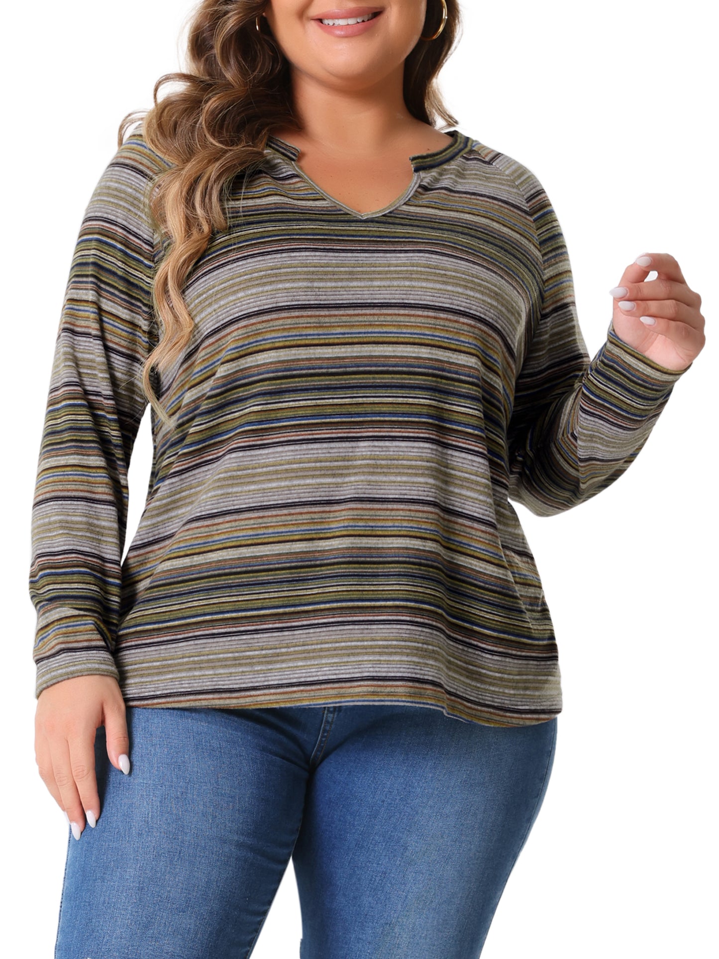 Women Plus Size Casual Top Long Sleeve T-Shirt Notch V Neck Tunic