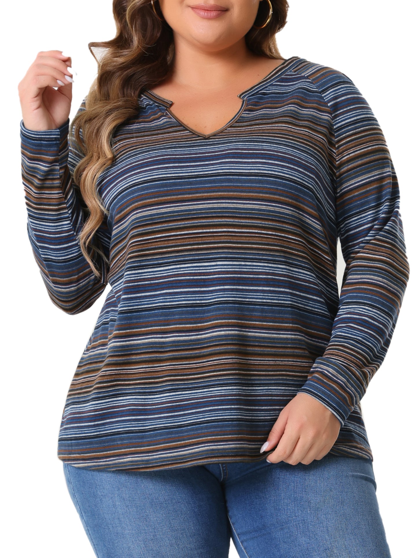 Women Plus Size Casual Top Long Sleeve T-Shirt Notch V Neck Tunic