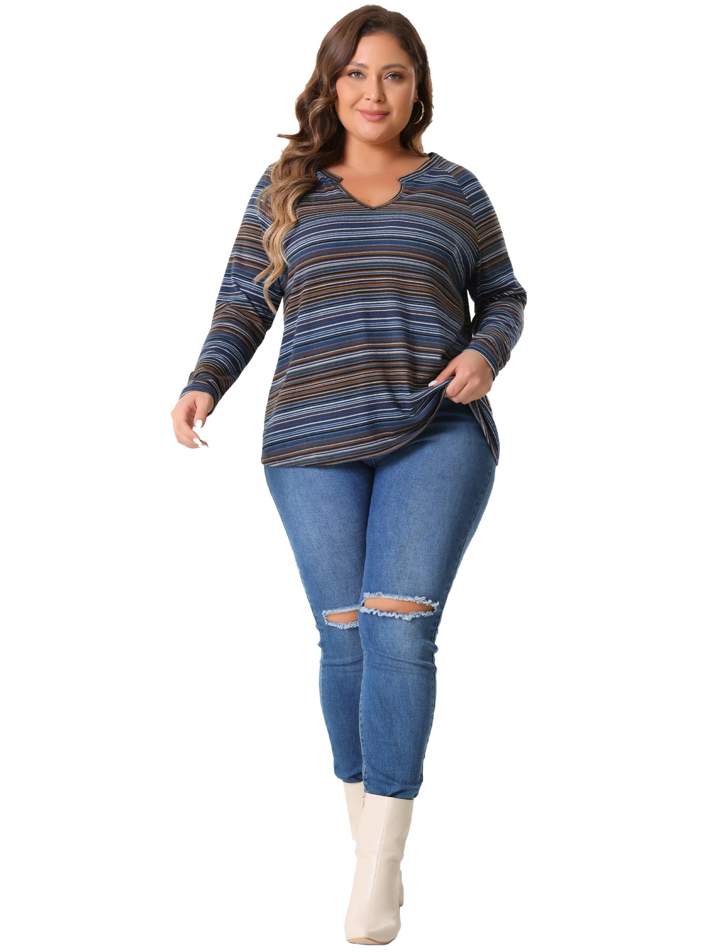 Women Plus Size Casual Top Long Sleeve T-Shirt Notch V Neck Tunic