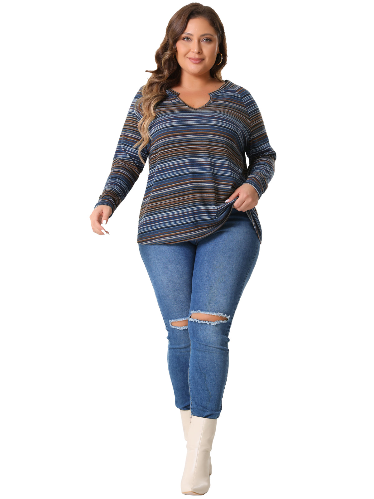 Women Plus Size Casual Top Long Sleeve T-Shirt Notch V Neck Tunic