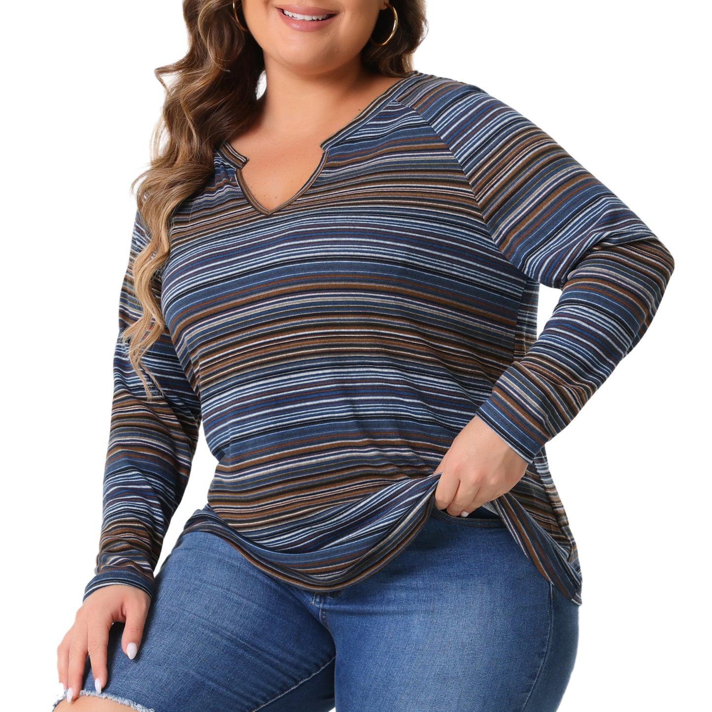 Women Plus Size Casual Top Long Sleeve T-Shirt Notch V Neck Tunic
