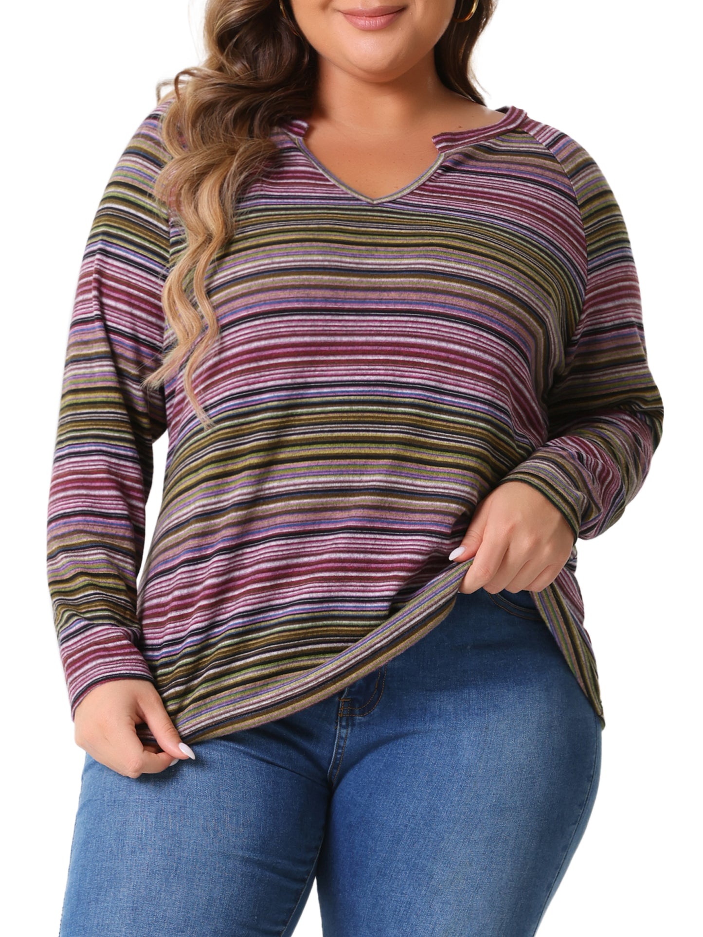Women Plus Size Casual Top Long Sleeve T-Shirt Notch V Neck Tunic