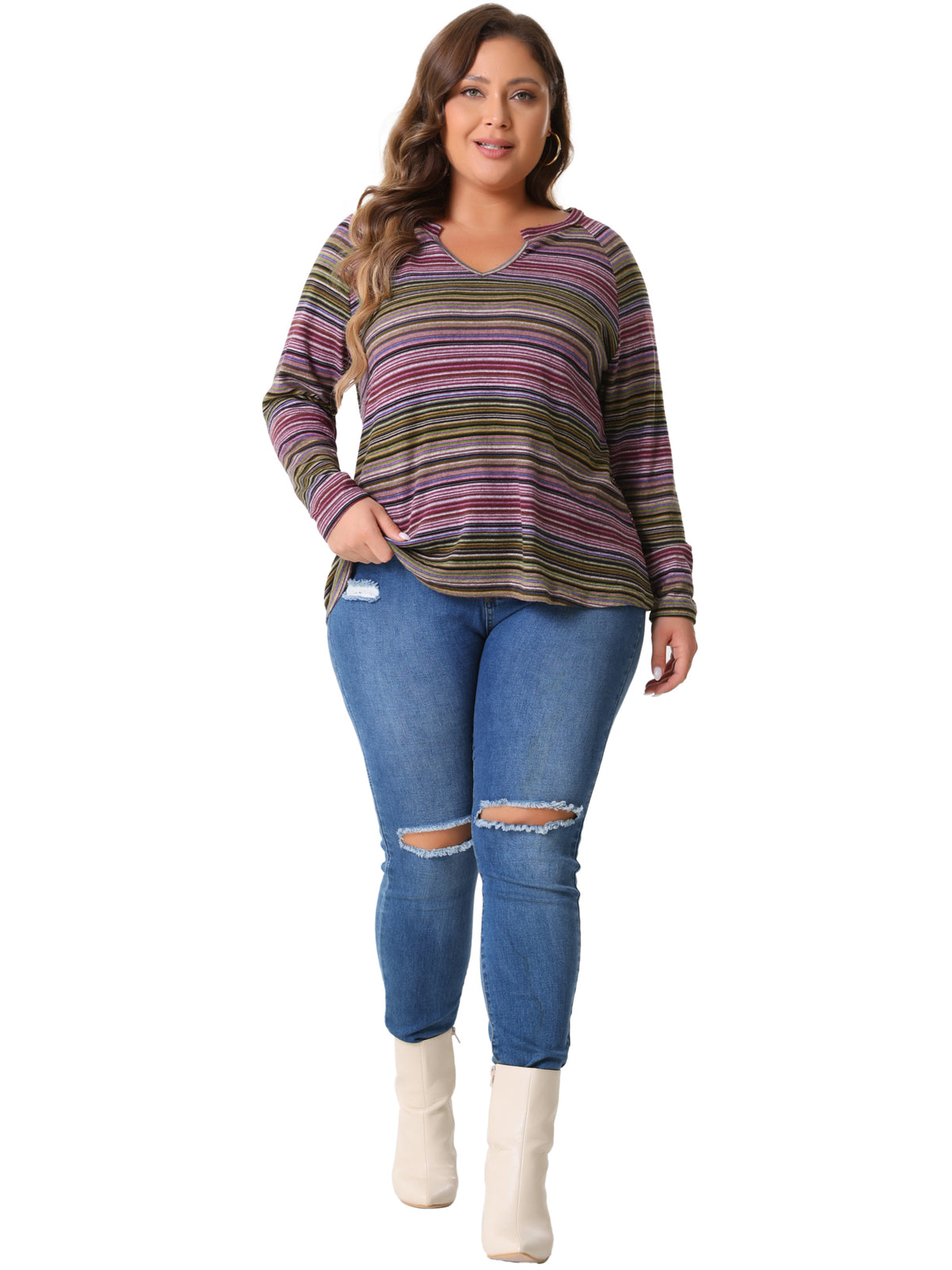 Women Plus Size Casual Top Long Sleeve T-Shirt Notch V Neck Tunic
