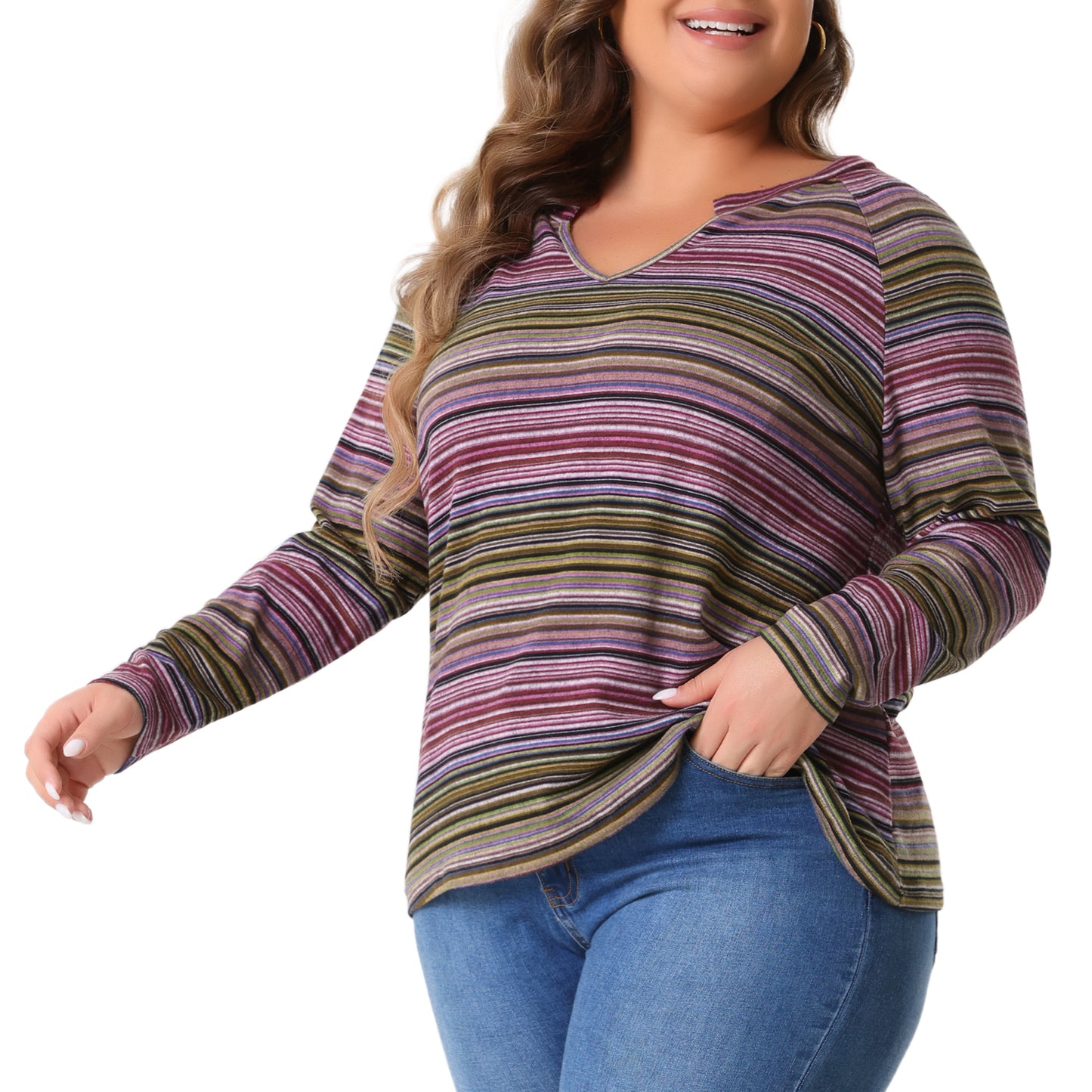 Women Plus Size Casual Top Long Sleeve T-Shirt Notch V Neck Tunic