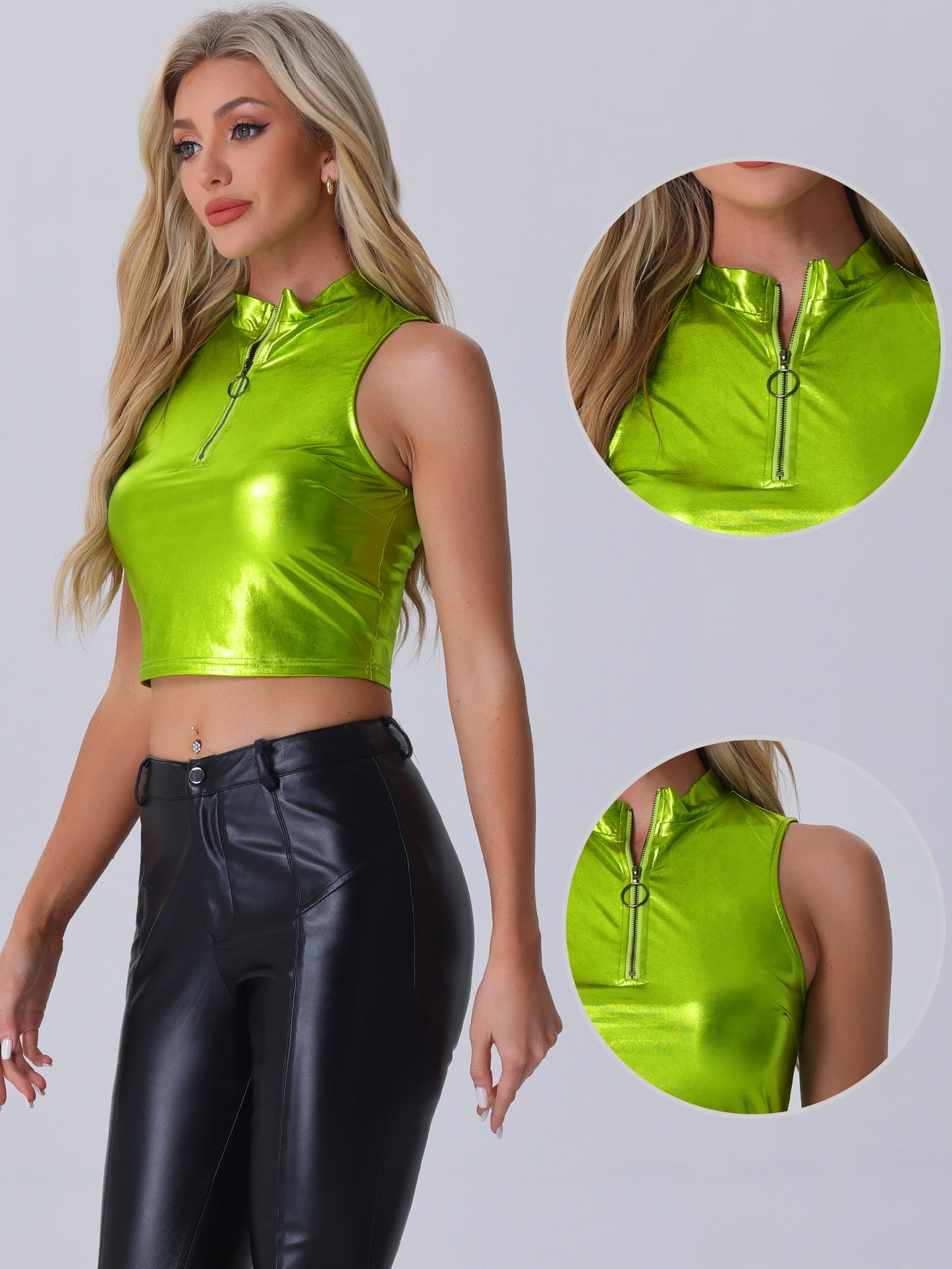 Women's Metallic Crop Top Mock Neck Zip Up Sleeveless Shiny Holographic Tank Top