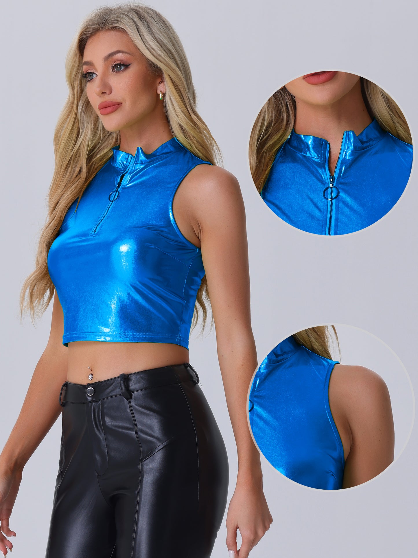 Women's Metallic Crop Top Mock Neck Zip Up Sleeveless Shiny Holographic Tank Top