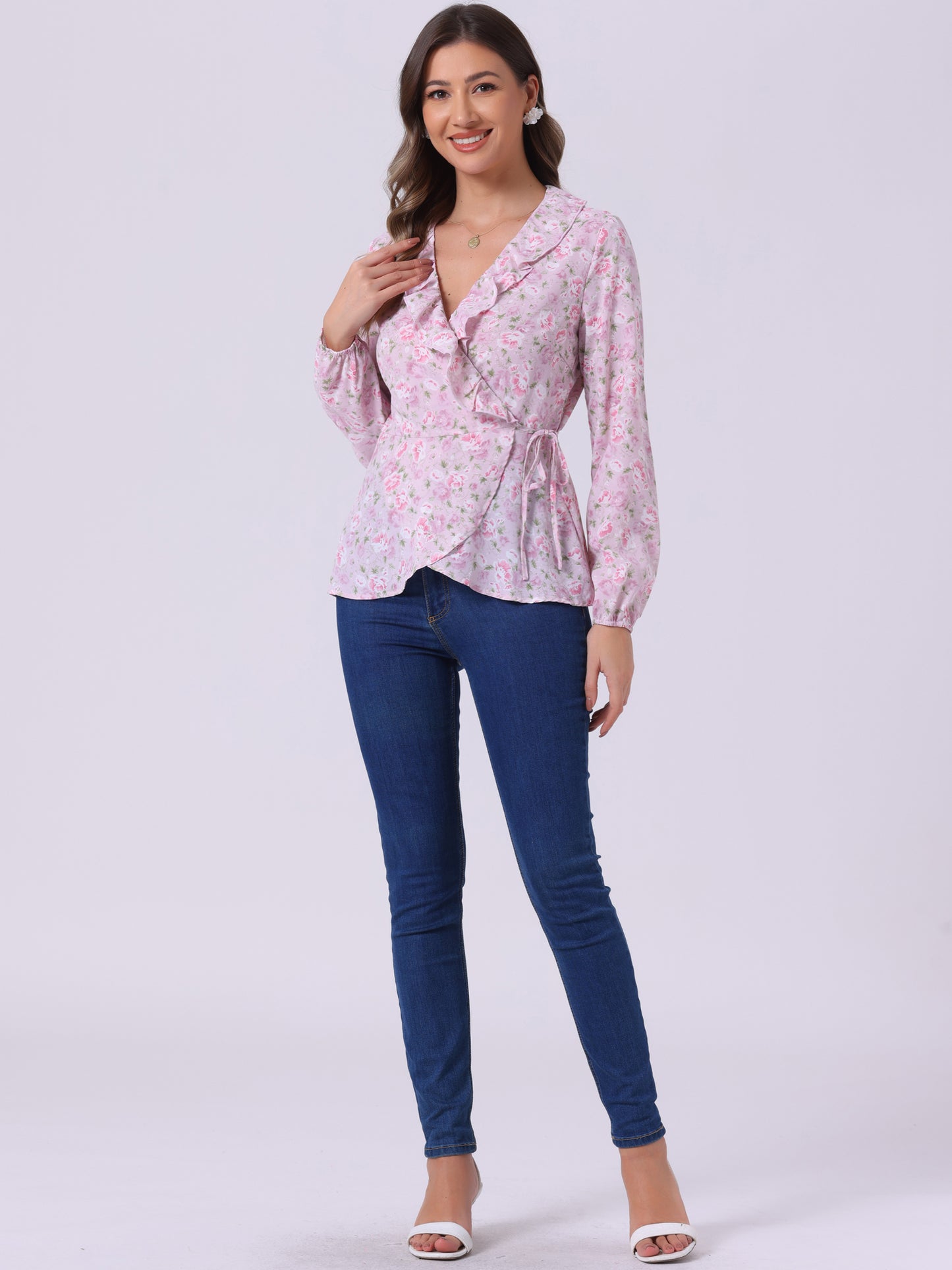 Women's Floral V Neck Wrap Top Long Sleeve Tie Waist Ruffle Peplum Blouse