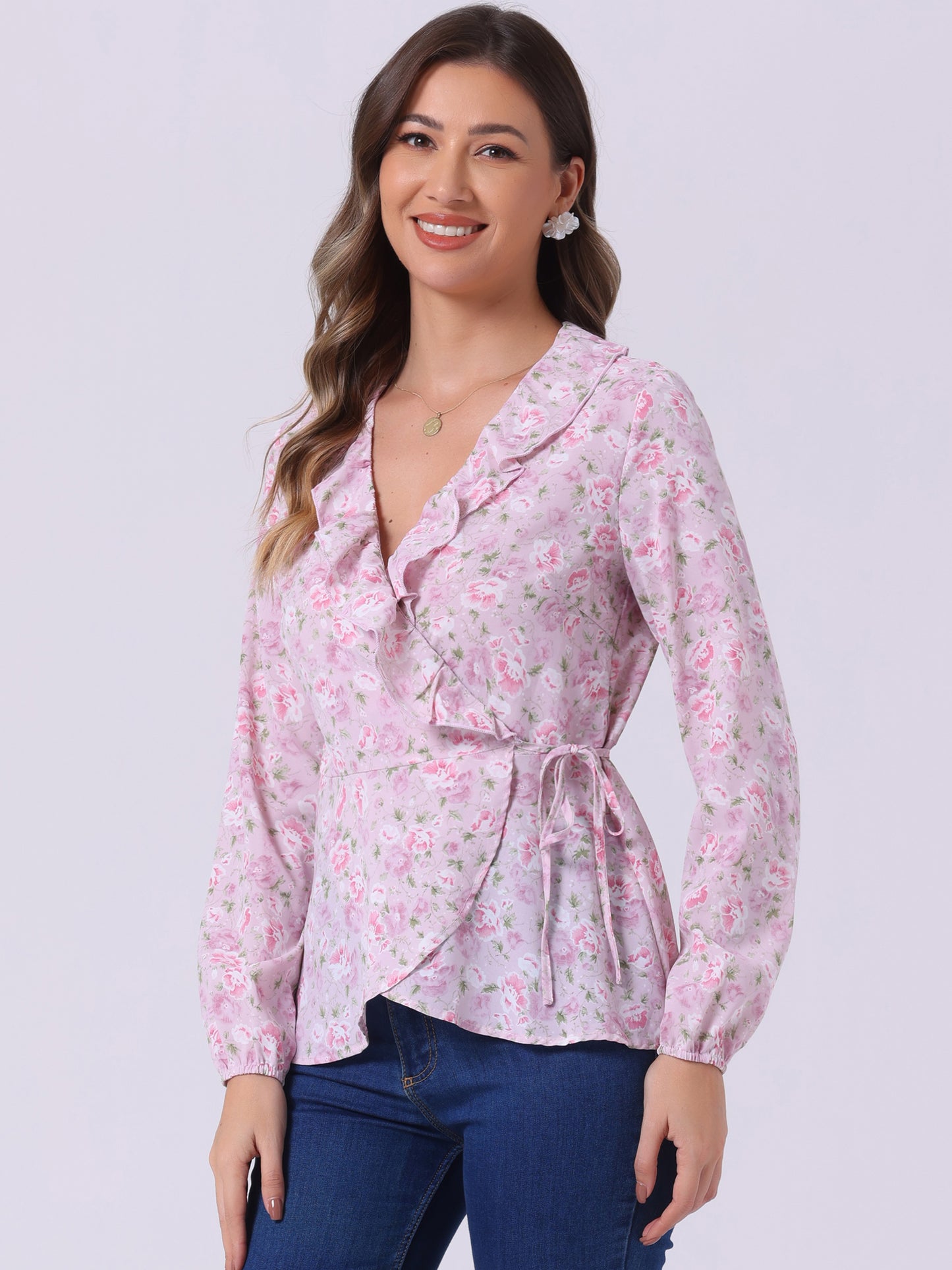 Women's Floral V Neck Wrap Top Long Sleeve Tie Waist Ruffle Peplum Blouse