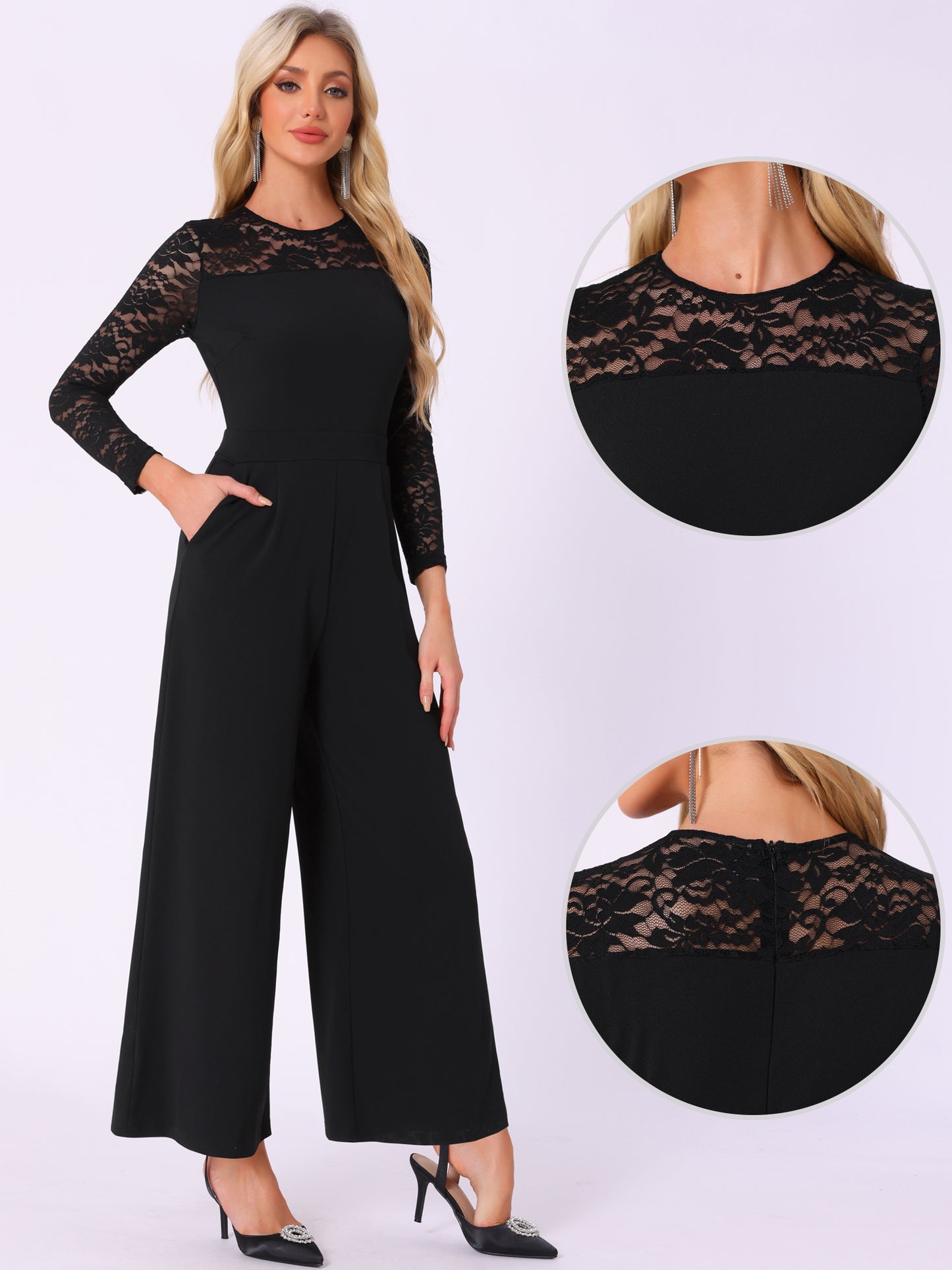 Women's Party Jumpsuits Elegant Crew Neck Mesh Lace Sleeve Loose Wide Leg Romper