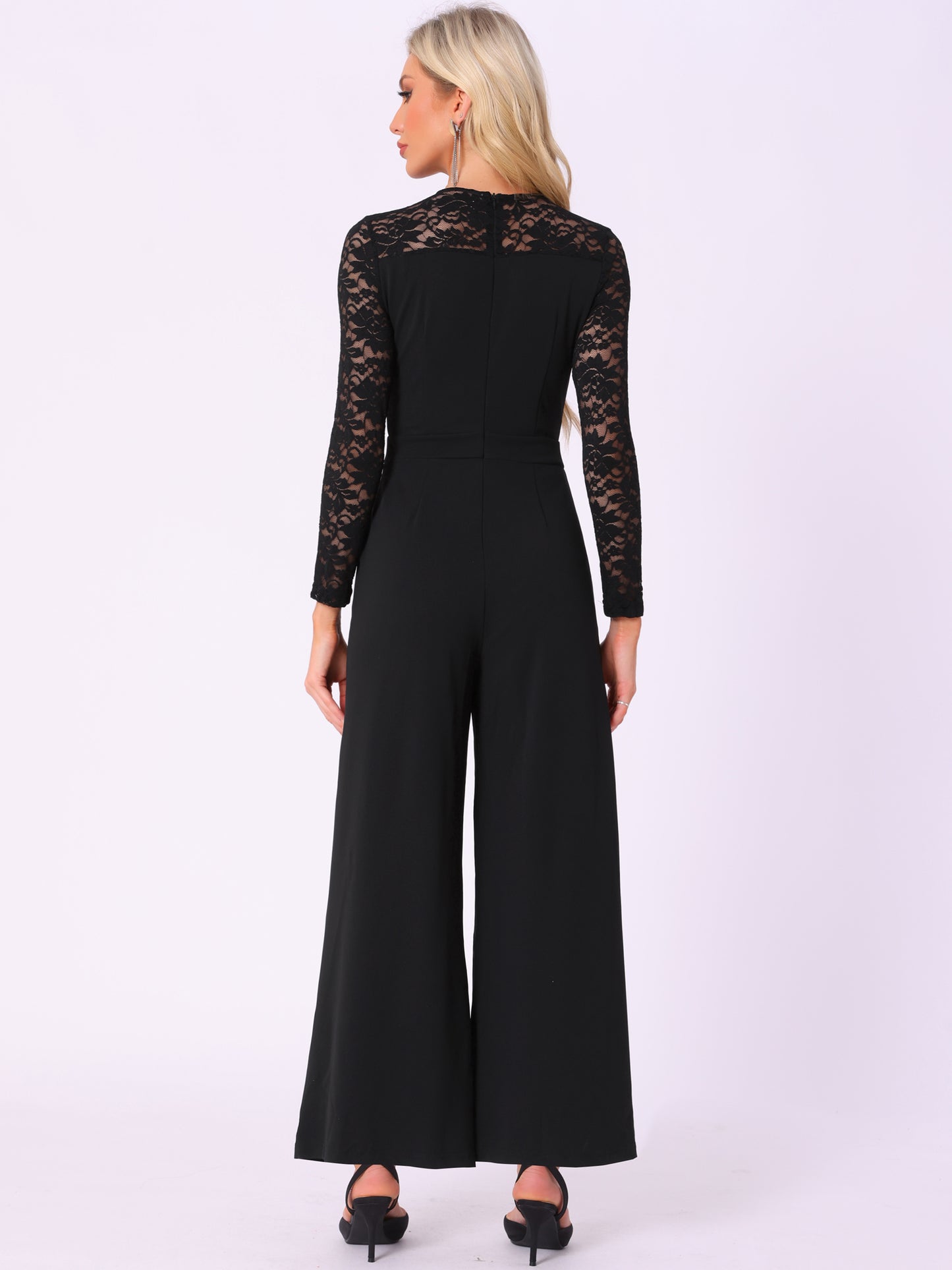Women's Party Jumpsuits Elegant Crew Neck Mesh Lace Sleeve Loose Wide Leg Romper