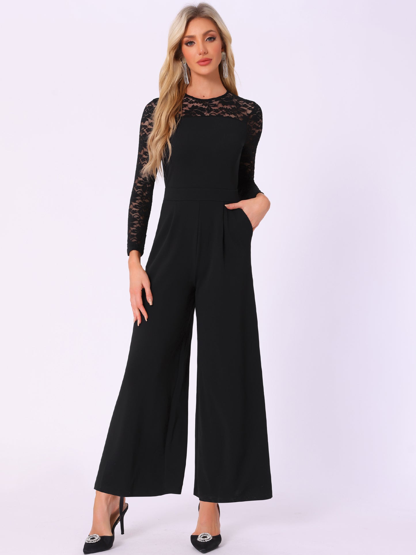 Women's Party Jumpsuits Elegant Crew Neck Mesh Lace Sleeve Loose Wide Leg Romper