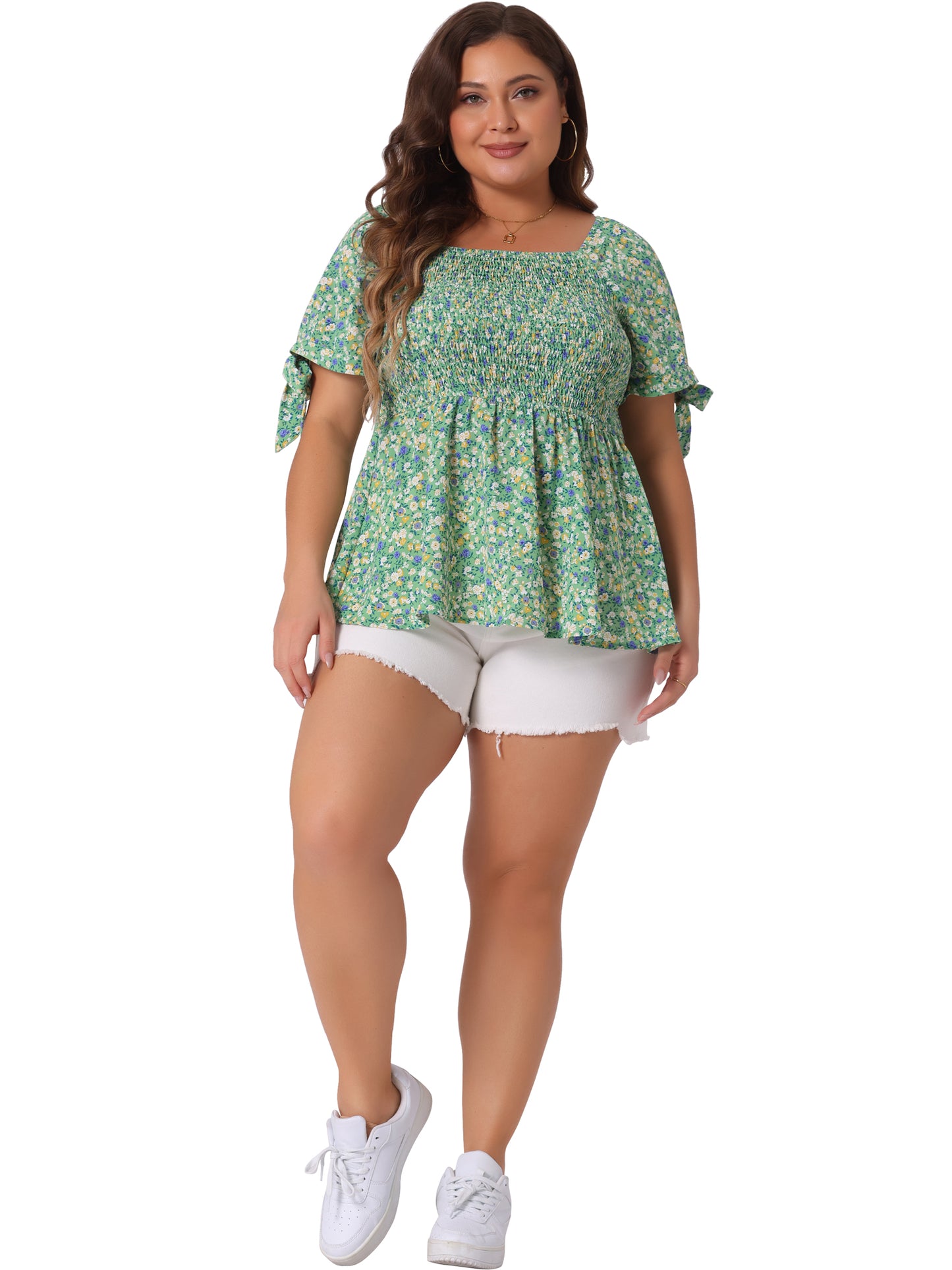 Women Plus Size Summer Top Square Neck Smocked Bow Tie Short Sleeve Peplum Blouse