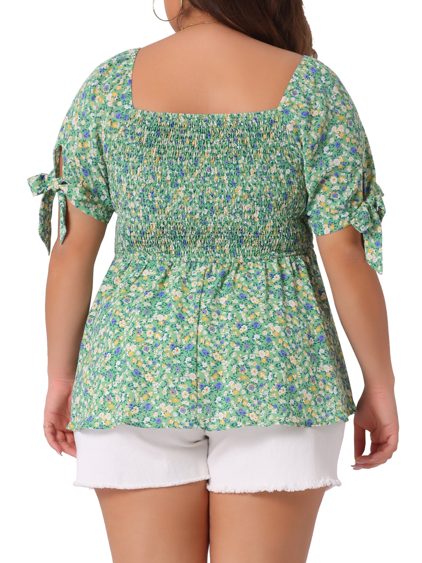 Women Plus Size Summer Top Square Neck Smocked Bow Tie Short Sleeve Peplum Blouse