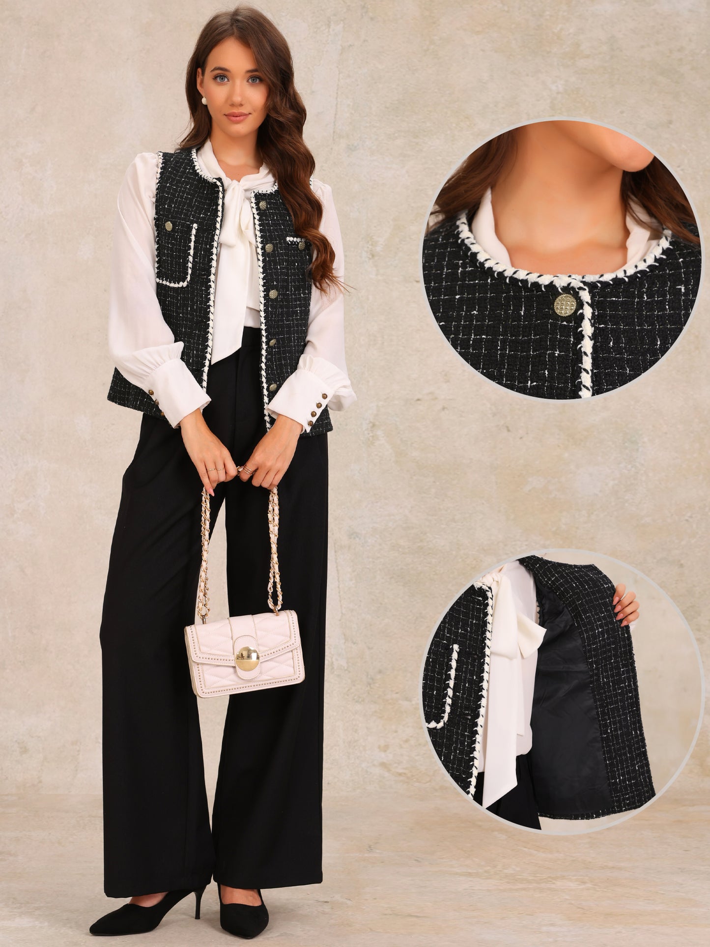 Women's Button Down Round Neck Tweed Plaid Vest