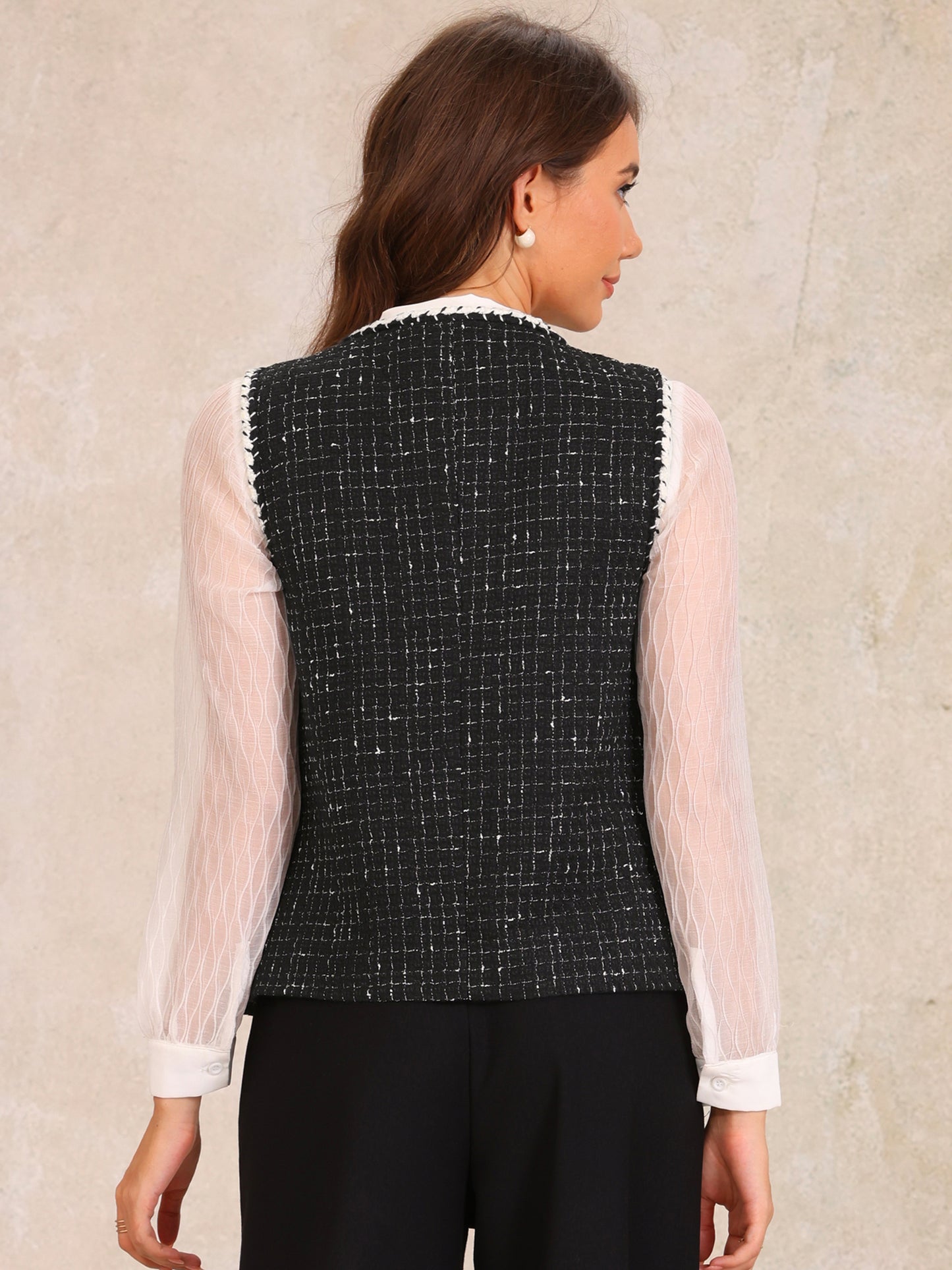 Women's Button Down Round Neck Tweed Plaid Vest