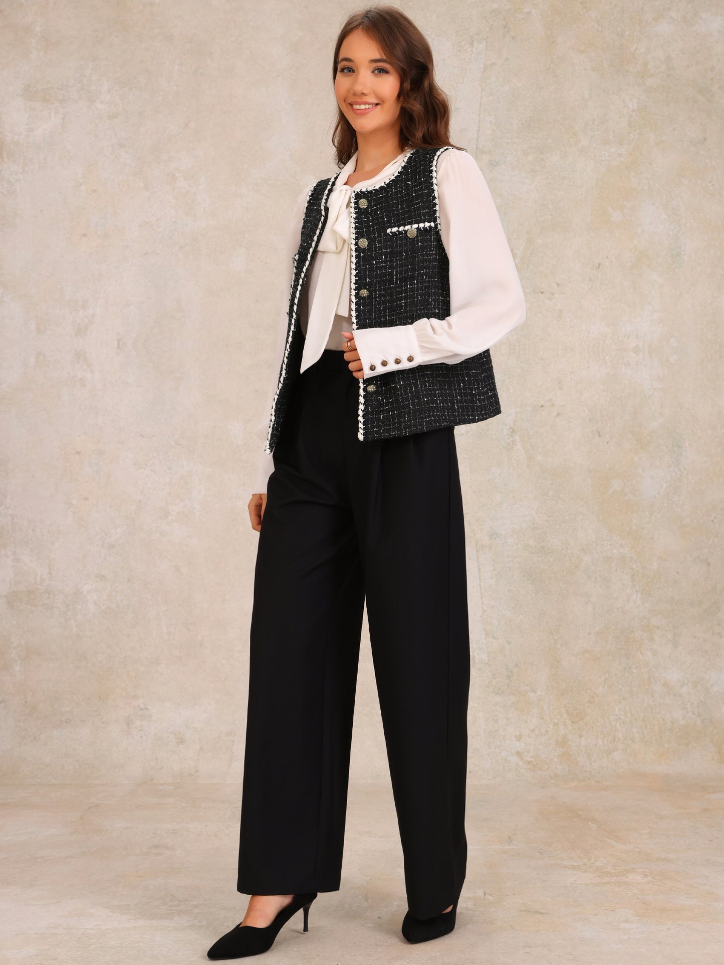 Women's Button Down Round Neck Tweed Plaid Vest